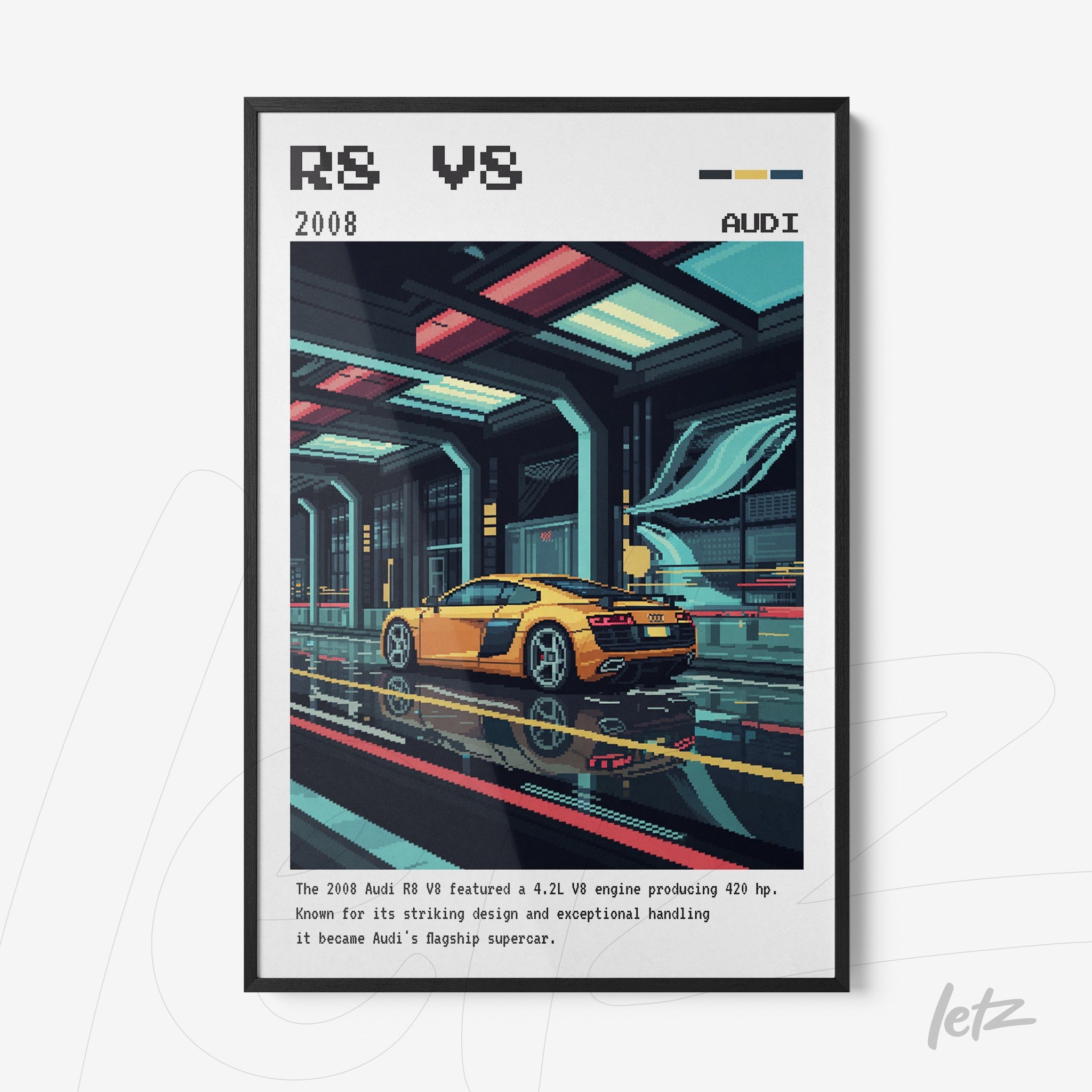 framed digital art of Audi R8 sports car with futuristic background and black frame