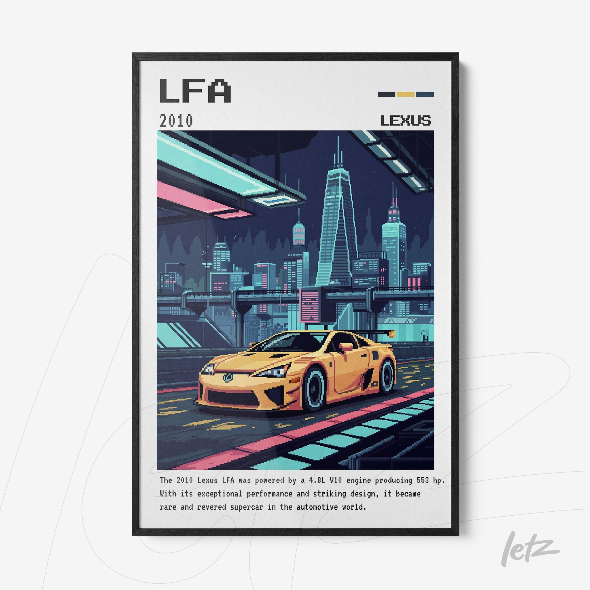 retro style framed illustration of Lexus LFA car in a nighttime urban scene with illuminated buildings