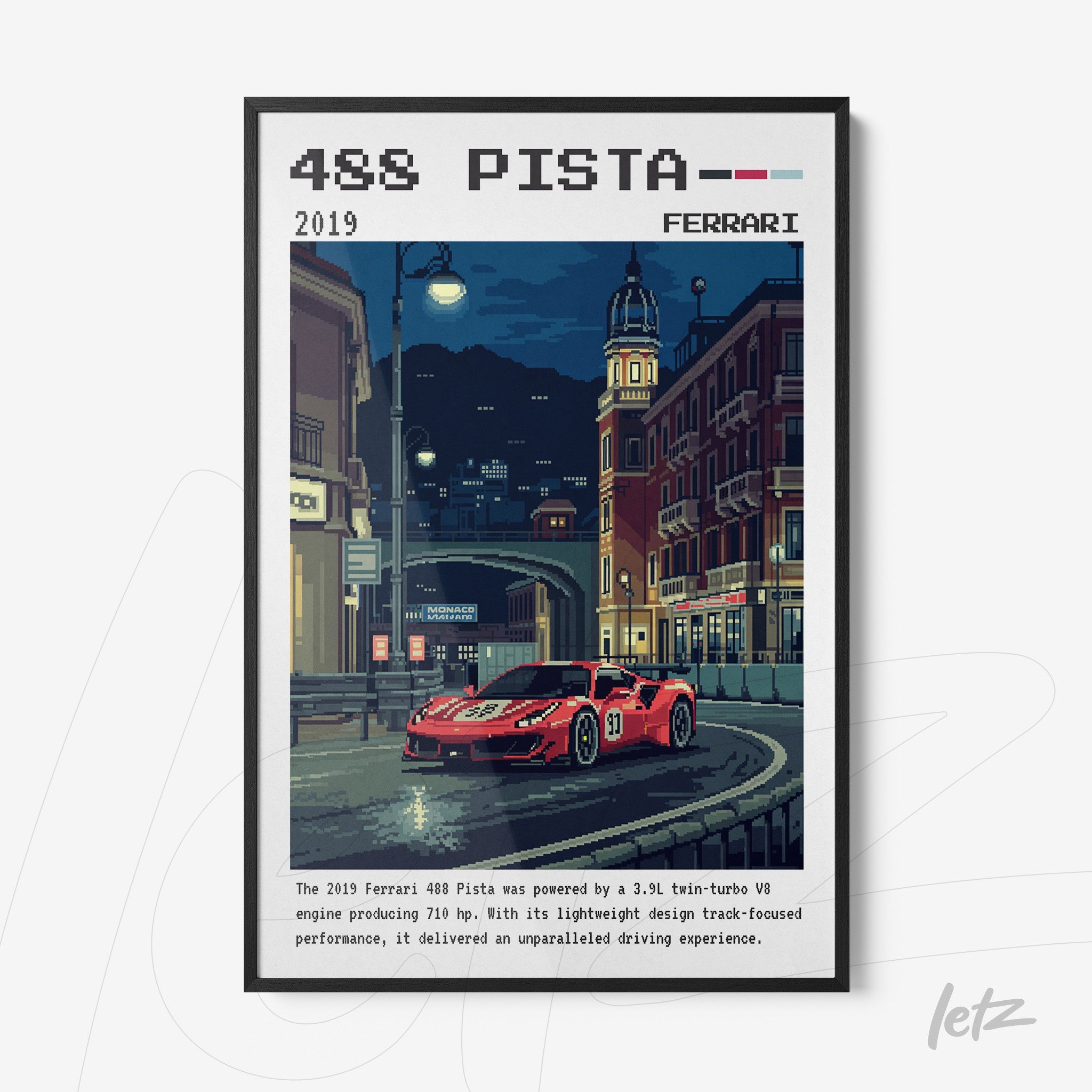 framed pixel art illustration of a red Ferrari 488 Pista against a night city backdrop