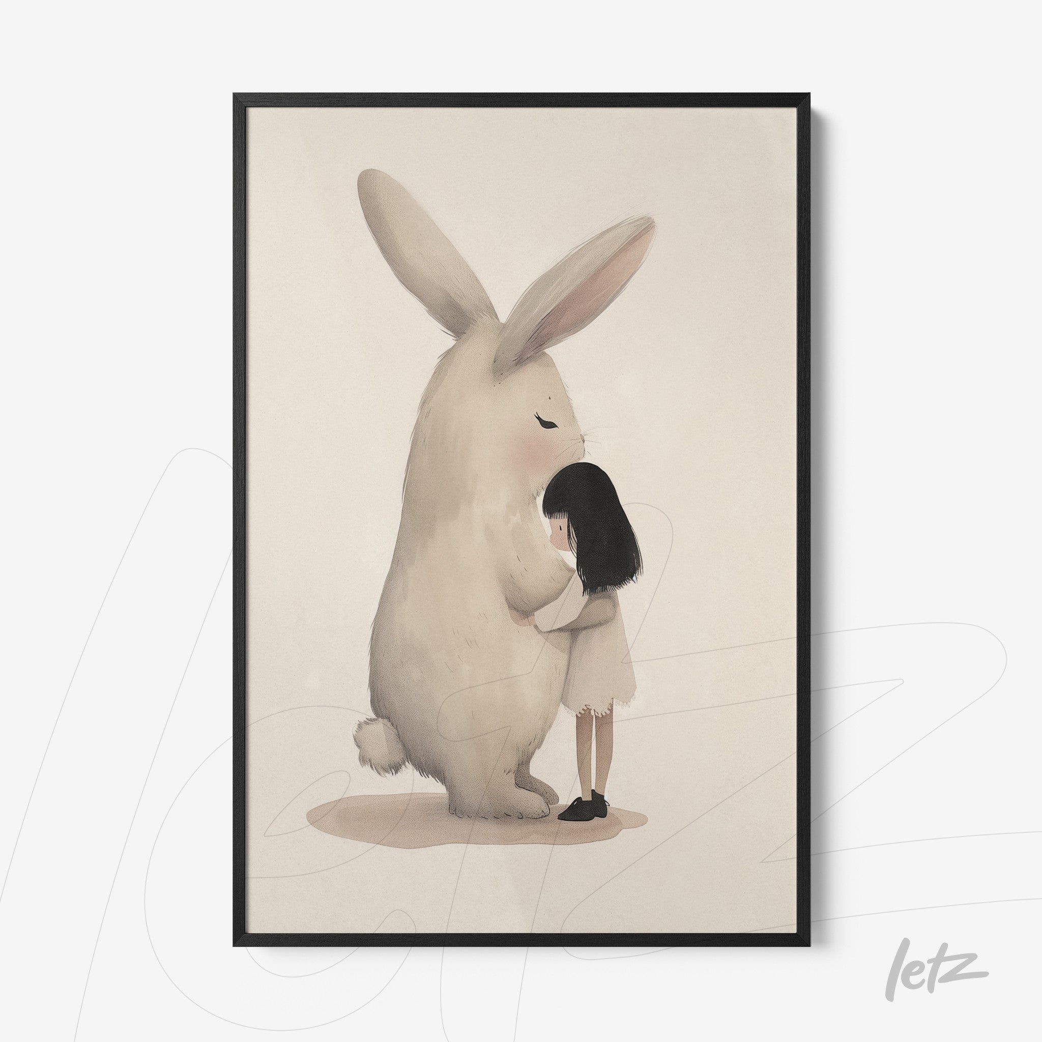 framed artwork of a girl hugging a giant bunny with a black frame