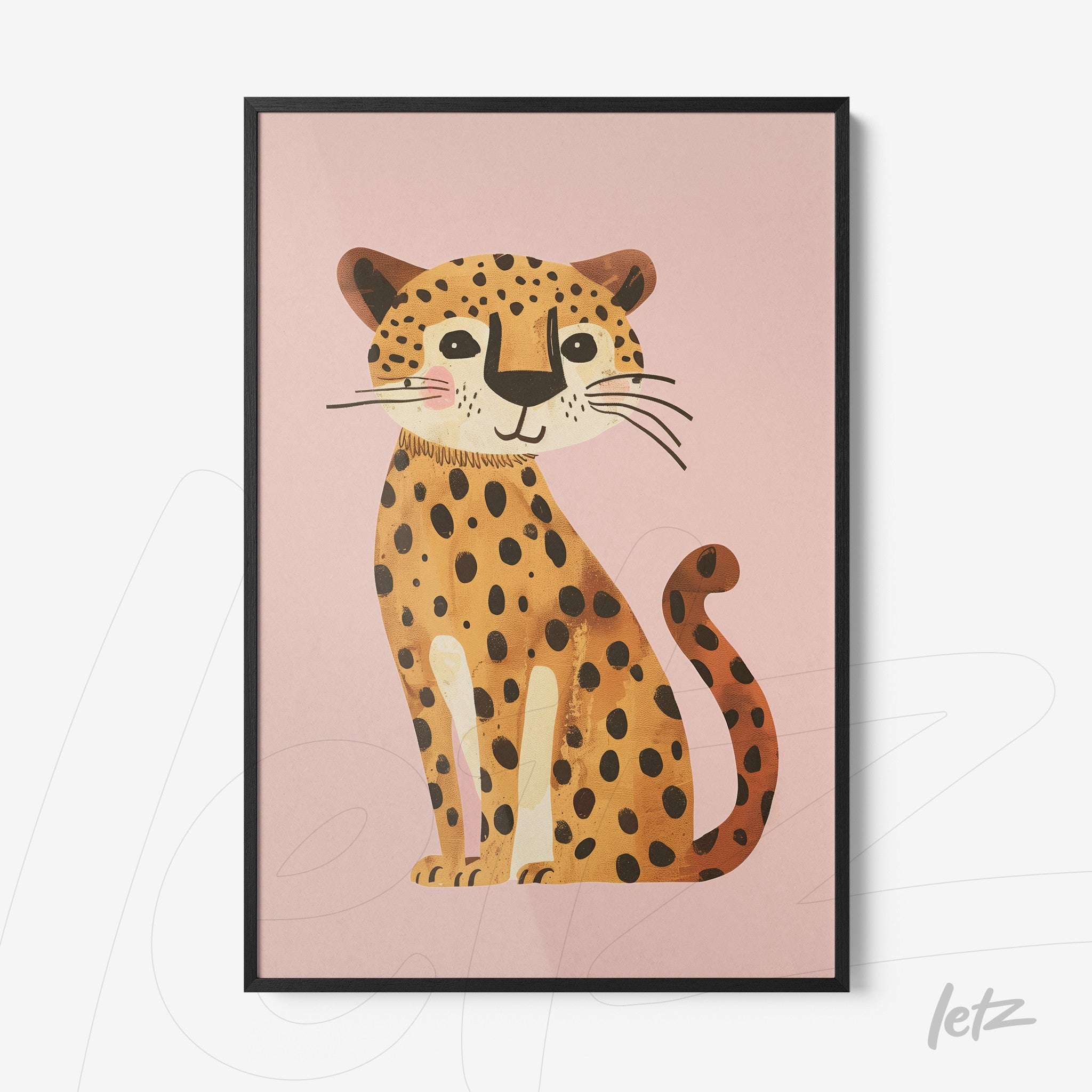 framed artwork featuring a smiling jaguar on a pink background with a black frame