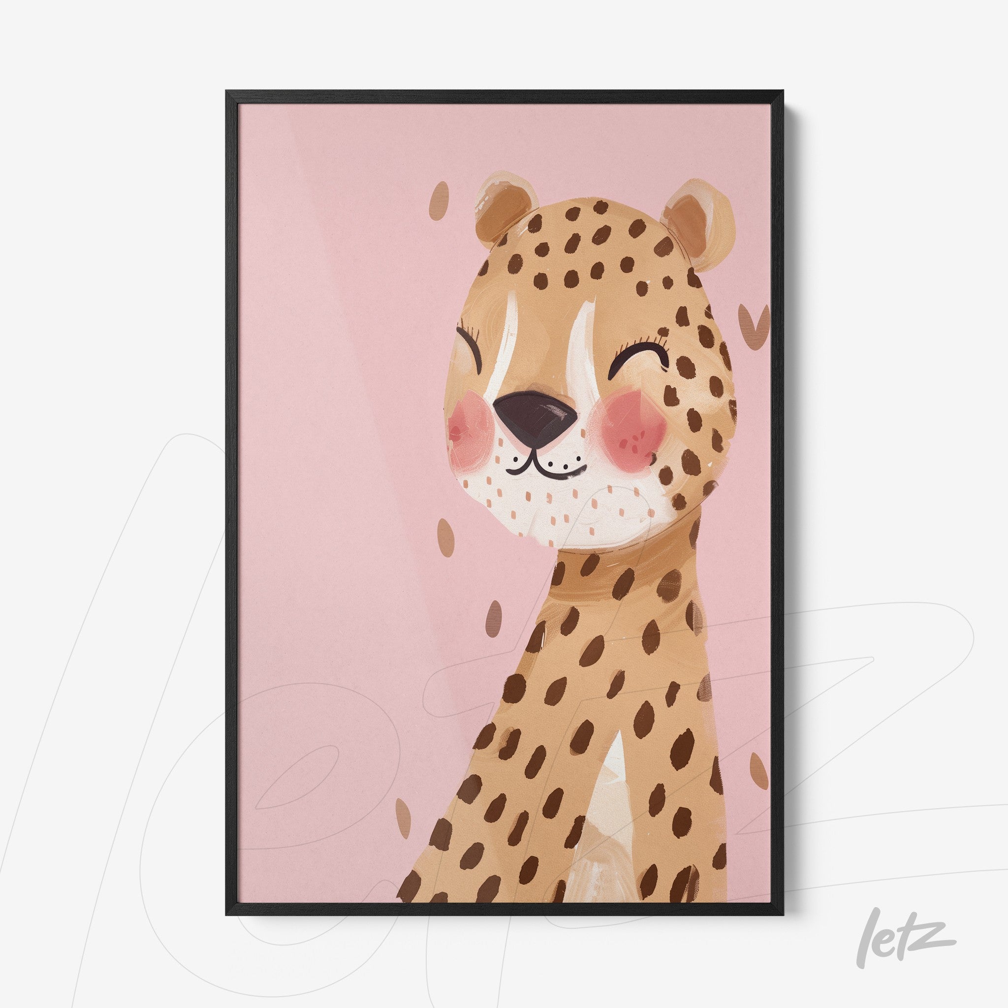 framed wall art featuring a smiling leopard illustration on a pink background with black frame