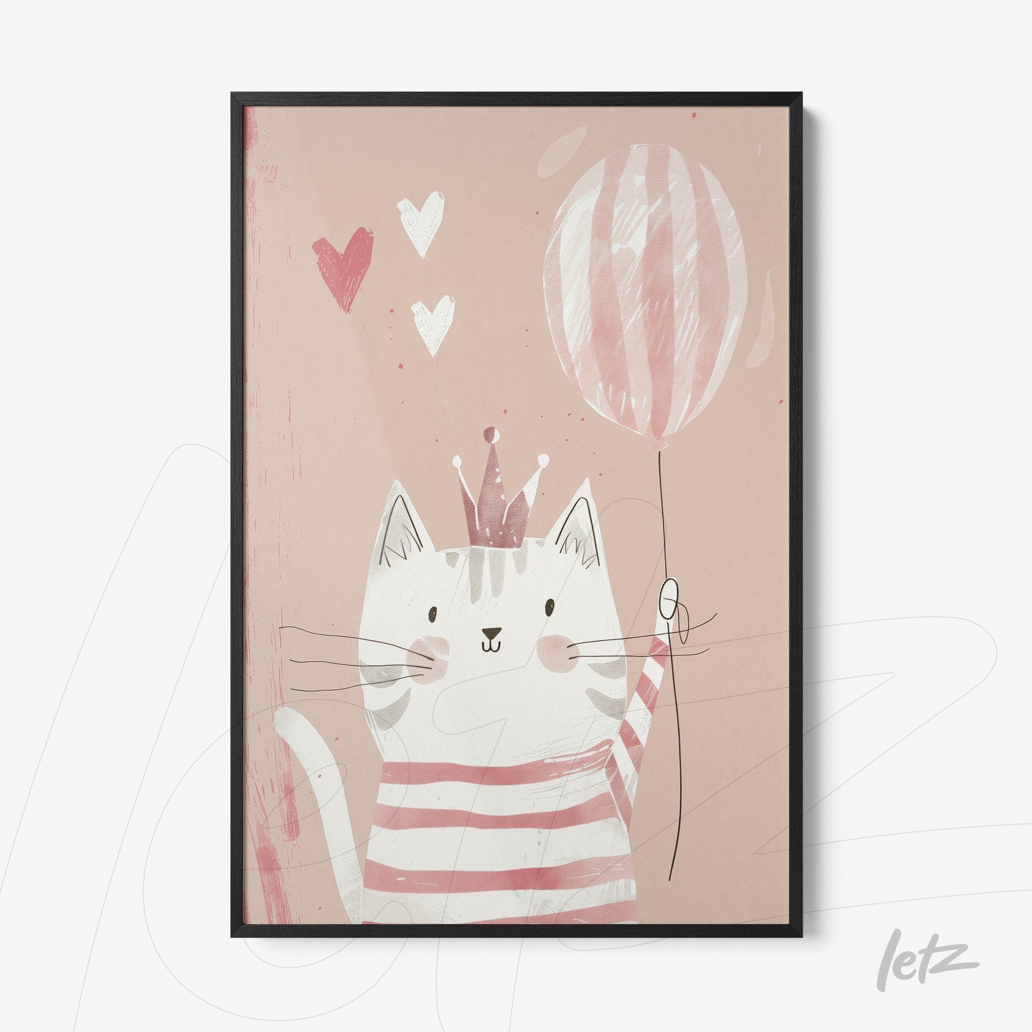 framed artwork of a cheerful cat holding a balloon against a light pink background with black frame