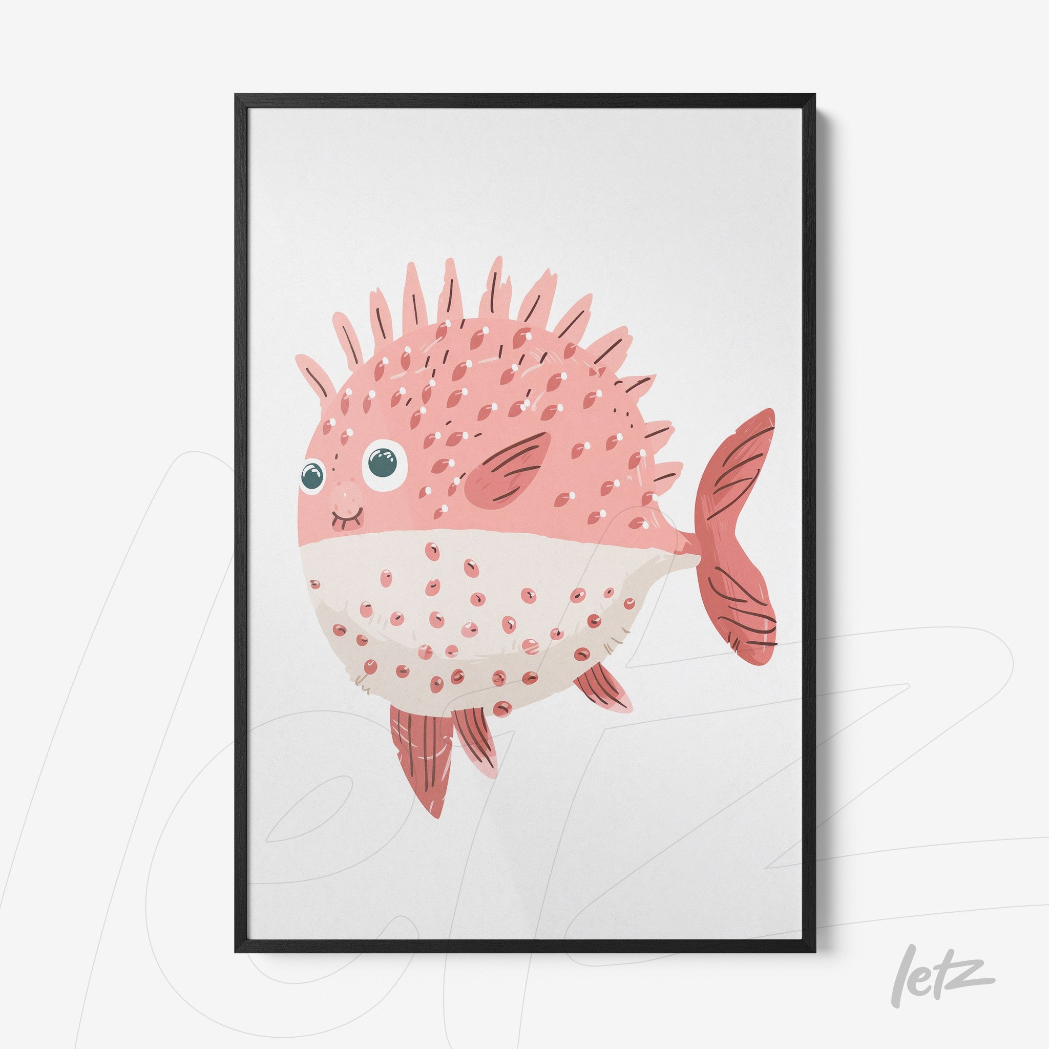 framed wall art featuring a cute pink pufferfish illustration with black frame