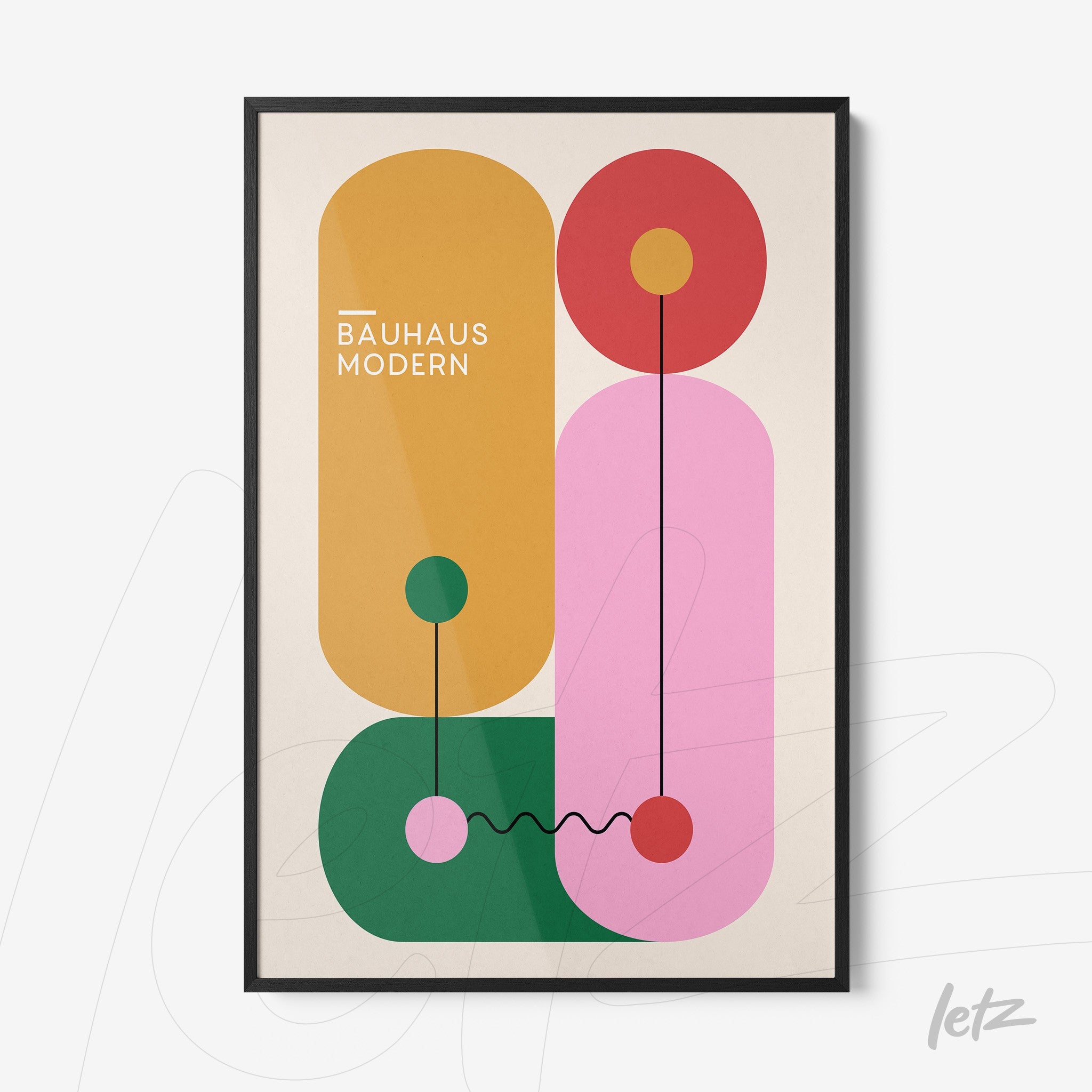 modern bauhaus style poster print with colorful geometric shapes in black frame