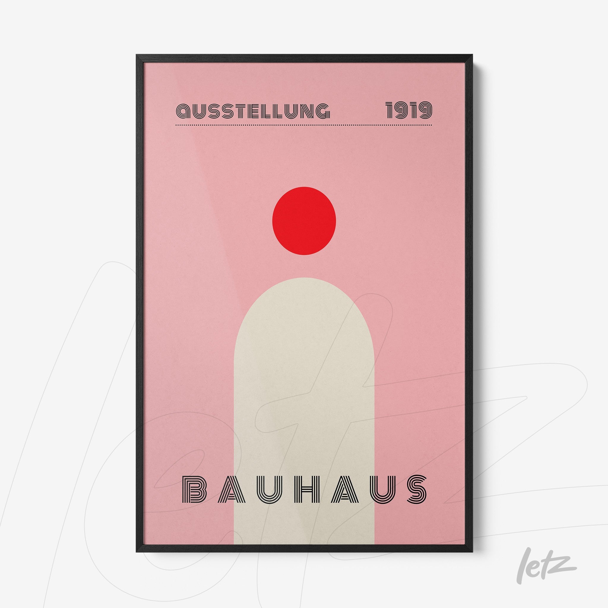 minimalist bauhaus style poster with red circle on pink background in black frame