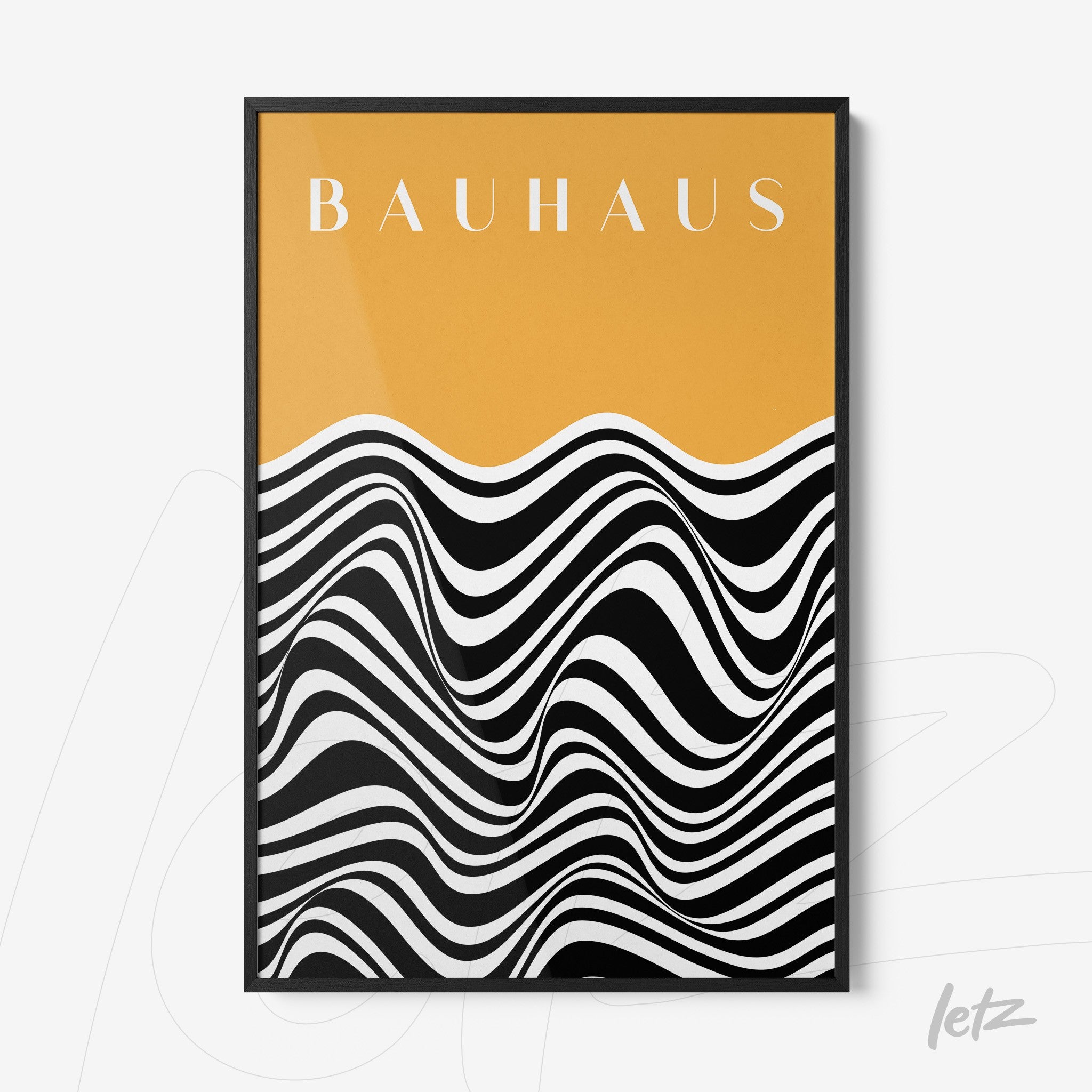 bauhaus style poster print featuring black and white waves on an orange background with black frame
