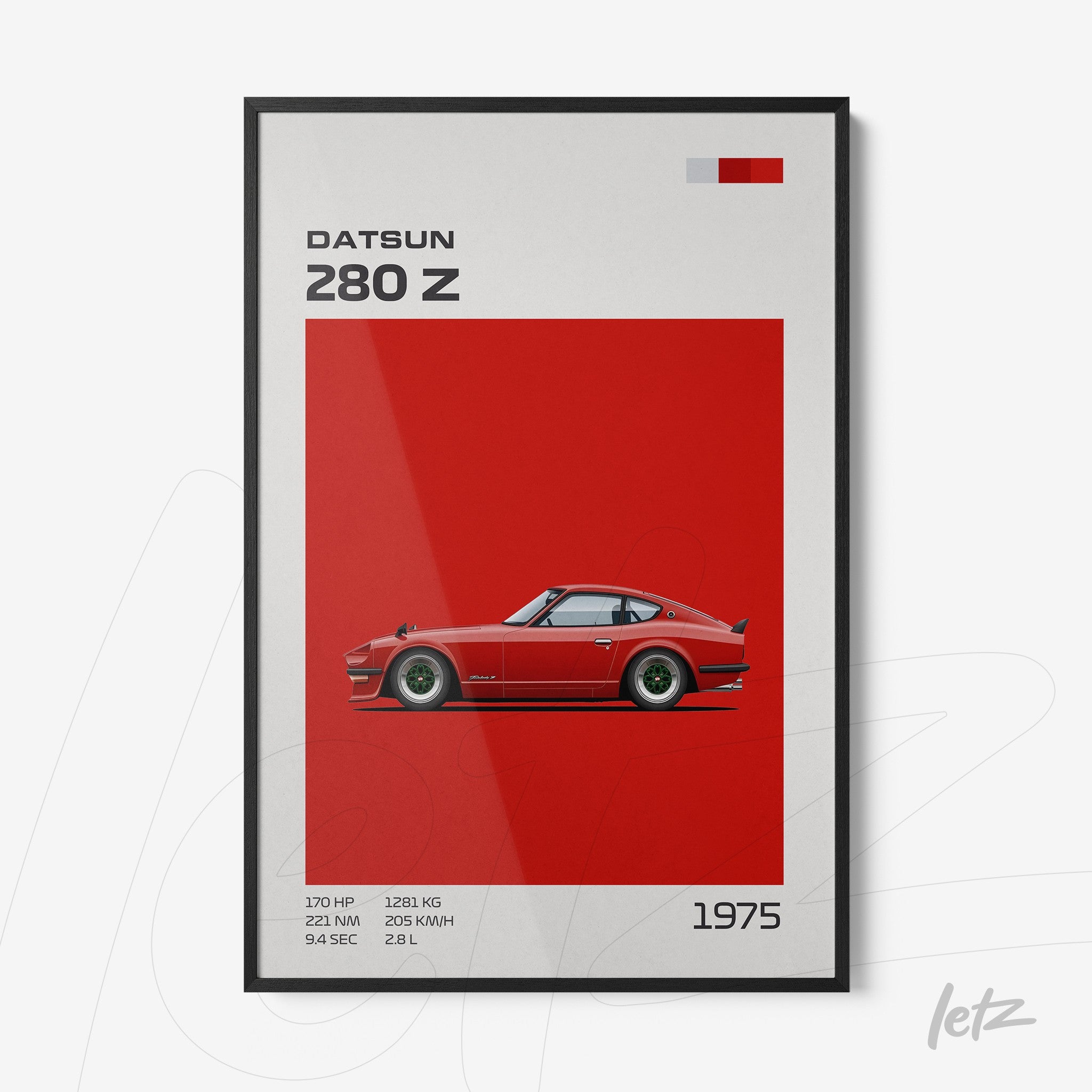 framed art print of Datsun 280 Z car design on red background with black frame