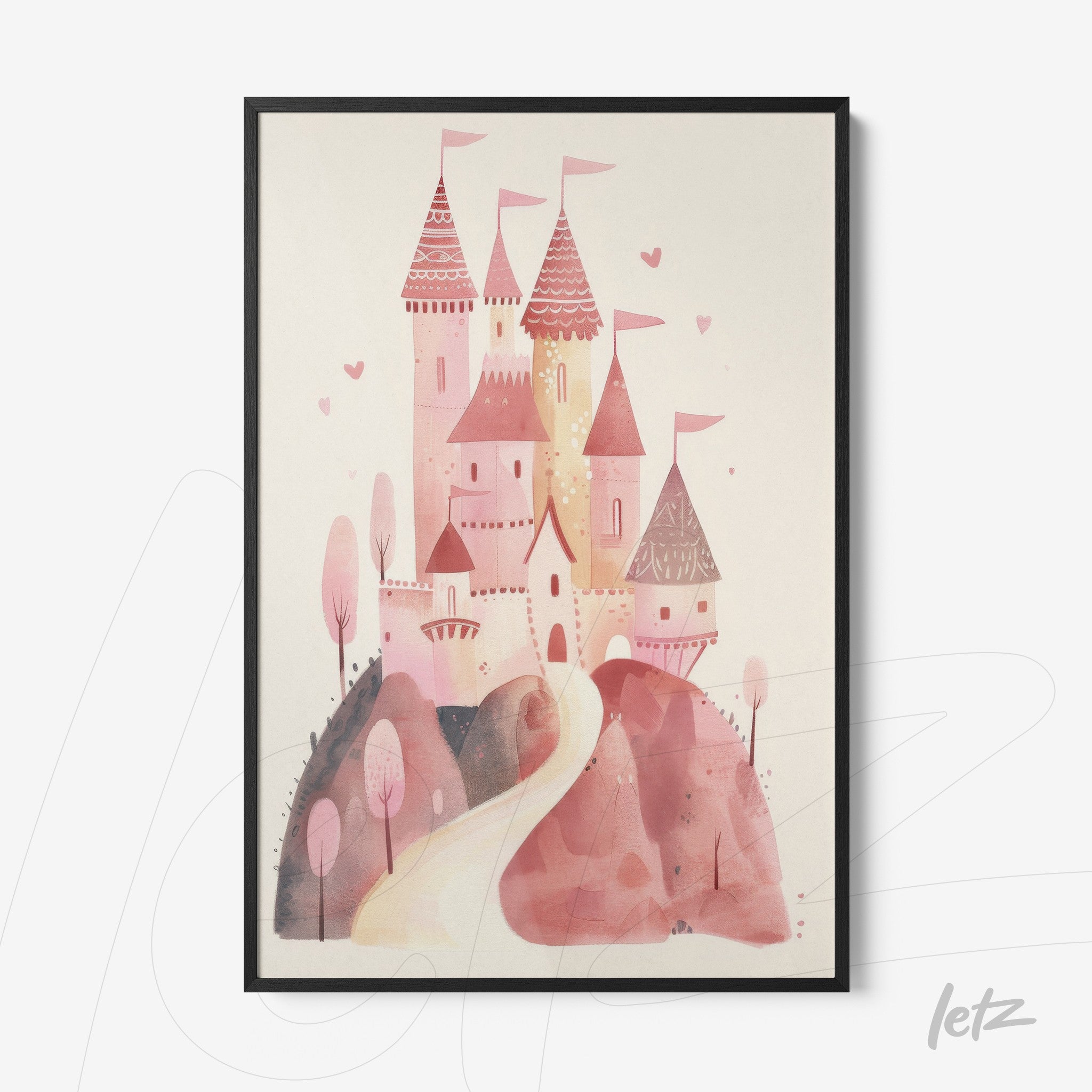 framed artwork featuring a pink castle illustration on a soft background, surrounded by trees and hills with a black frame