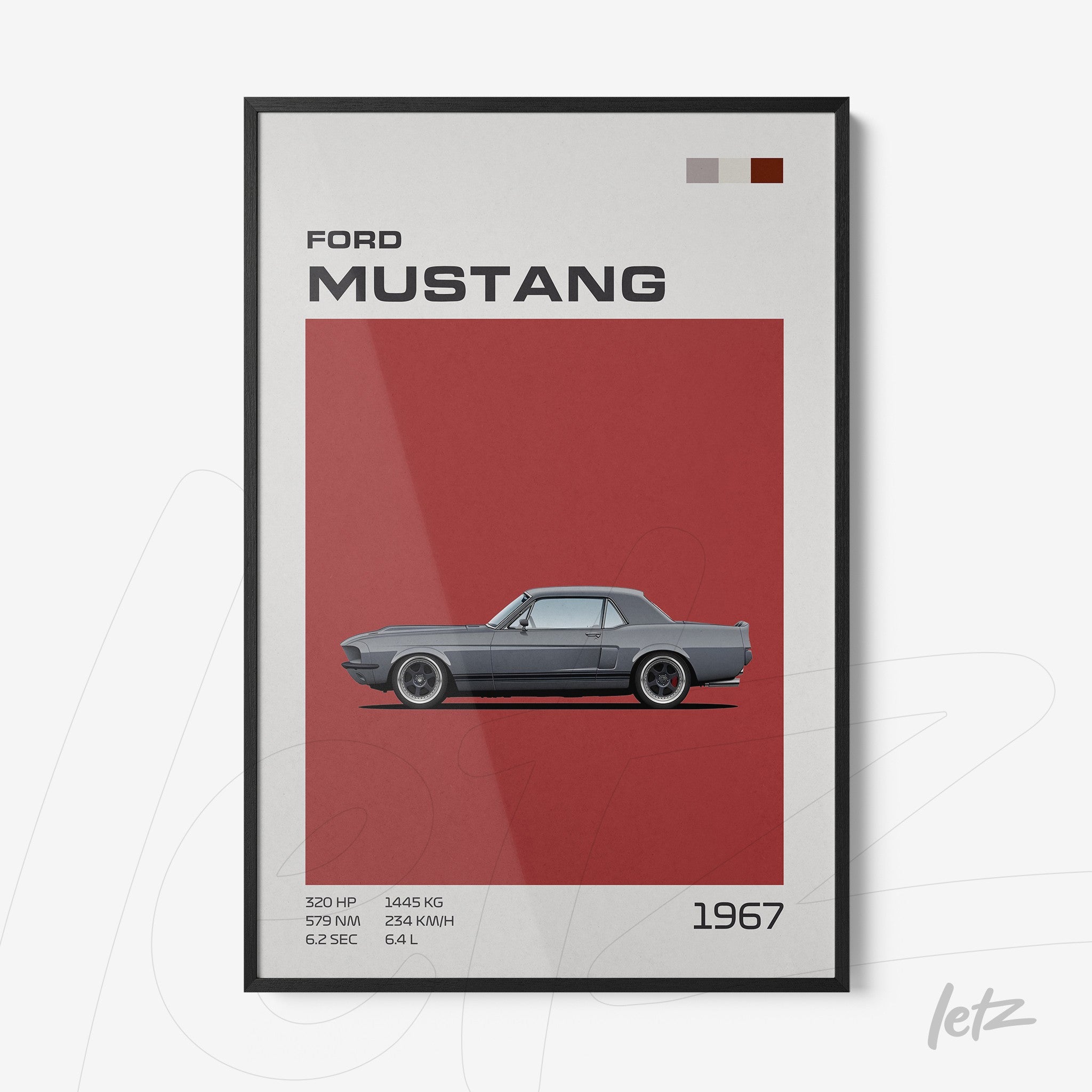 framed wall art featuring a 1967 Ford Mustang illustration with a red background and black frame