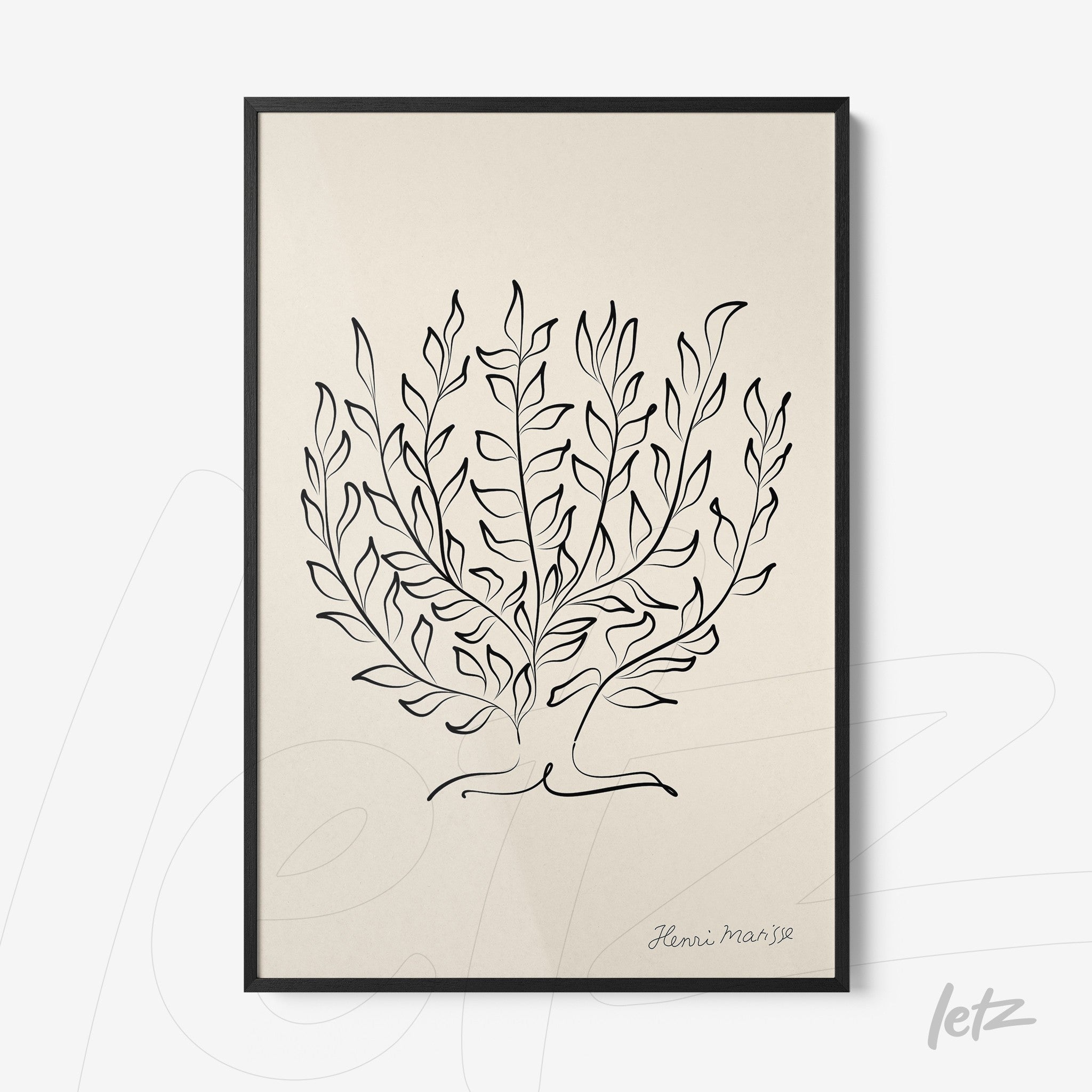 minimalist framed artwork of leaves in black line drawing on light background