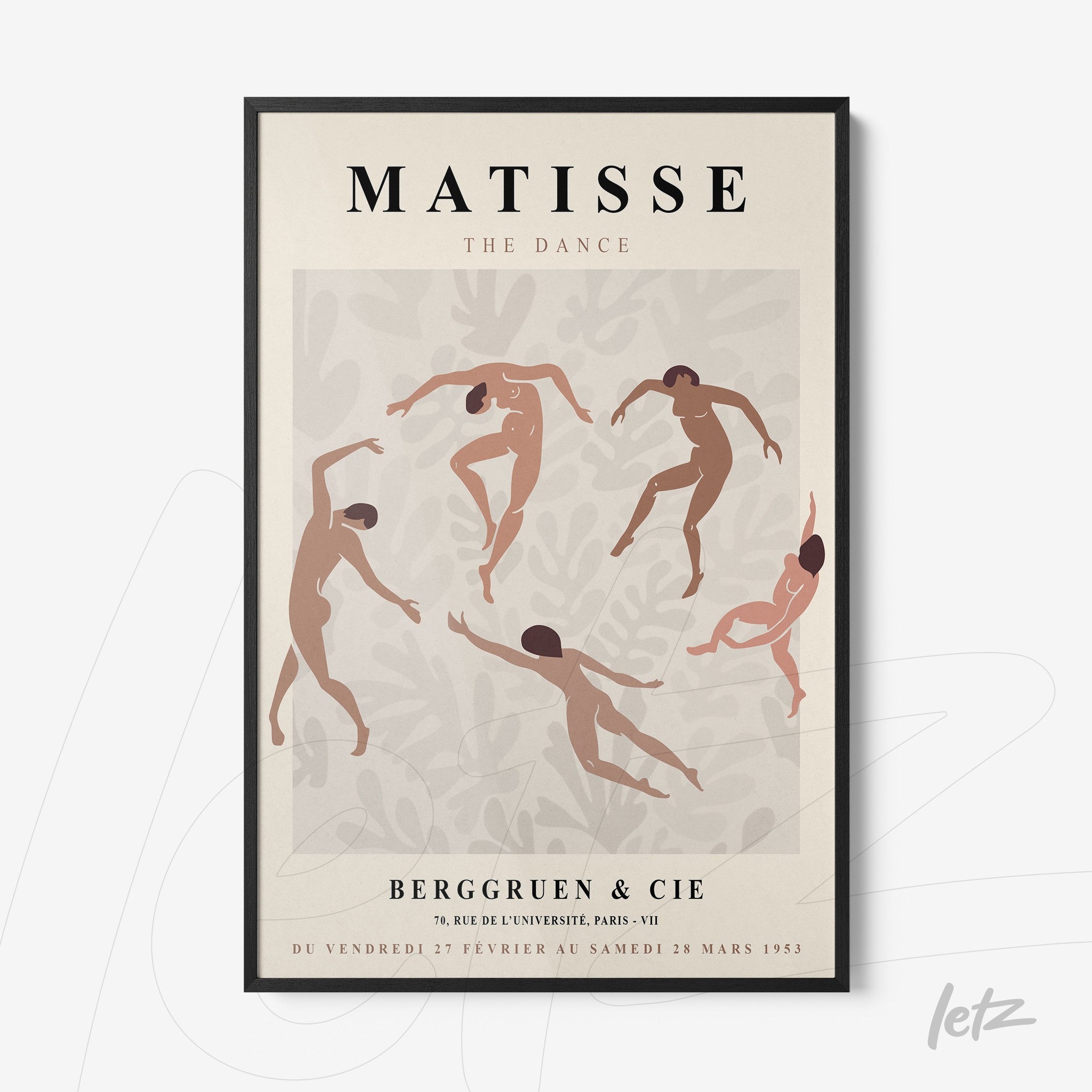 modern art framed print featuring dancers in earthy tones against a light background