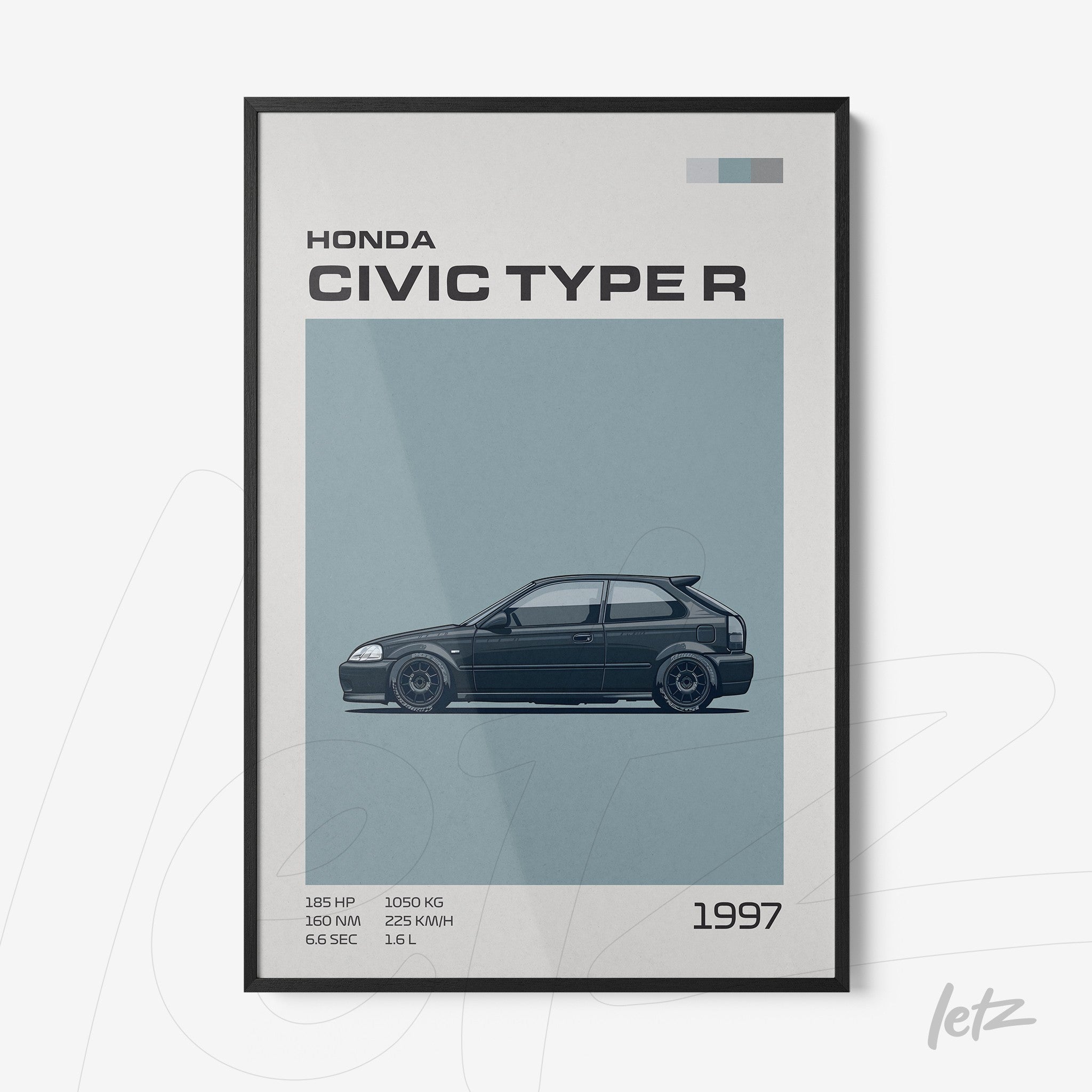 framed wall art featuring an illustration of a 1997 Honda Civic Type R on a light background with technical details alongside