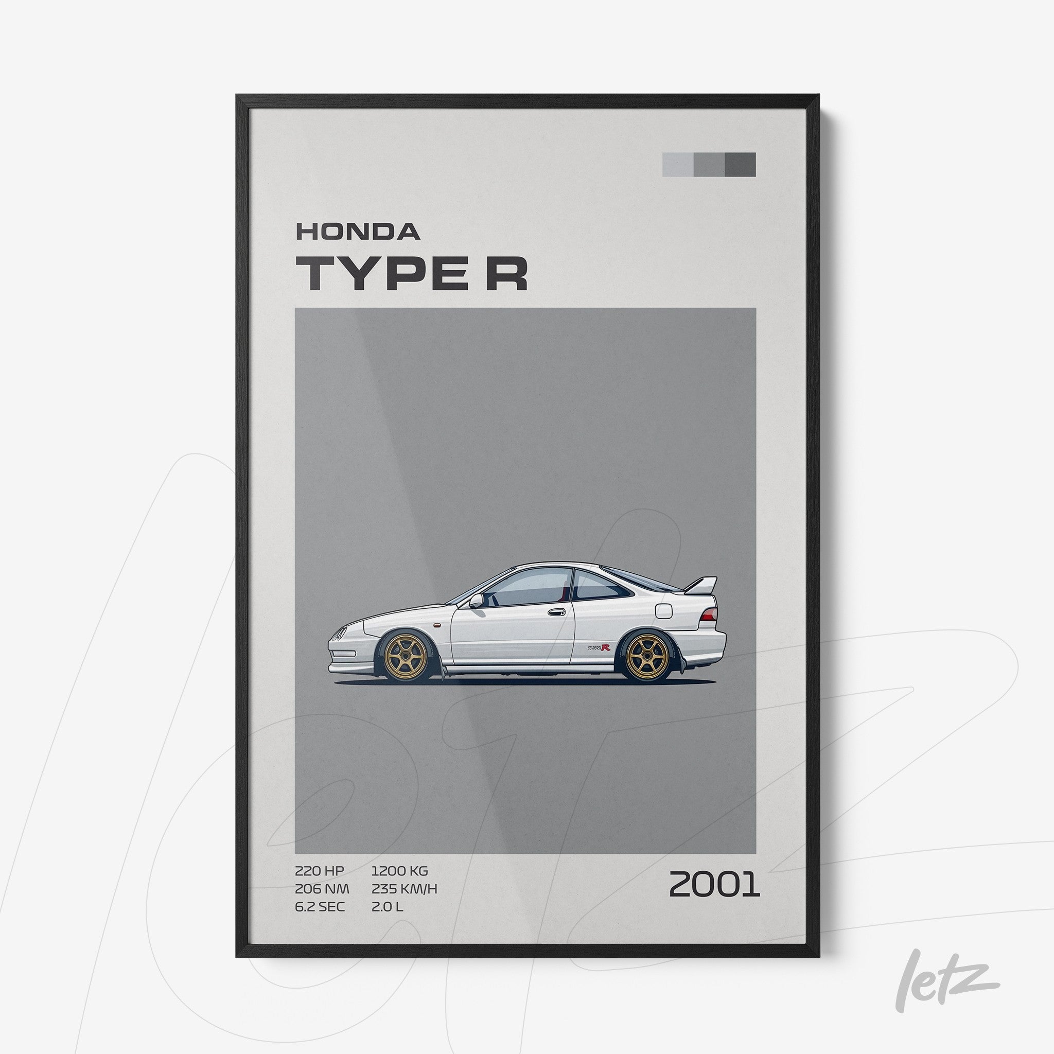 framed wall art featuring an illustration of a Honda Type R against a gray background with a thin black frame