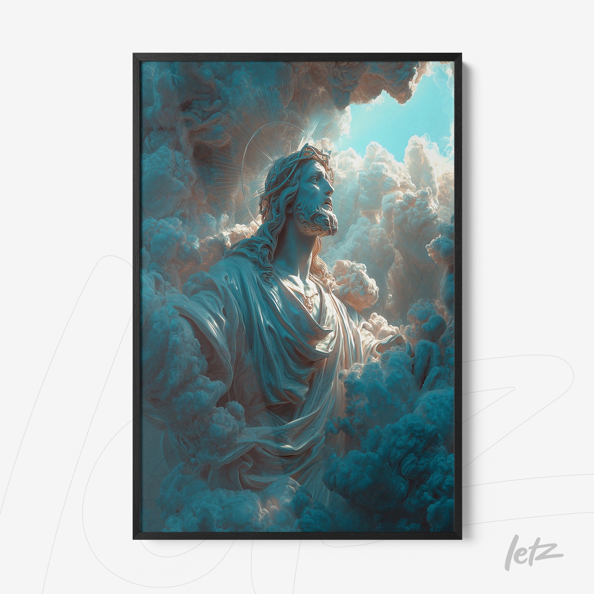 framed religious artwork of Jesus emerging from clouds with a black frame