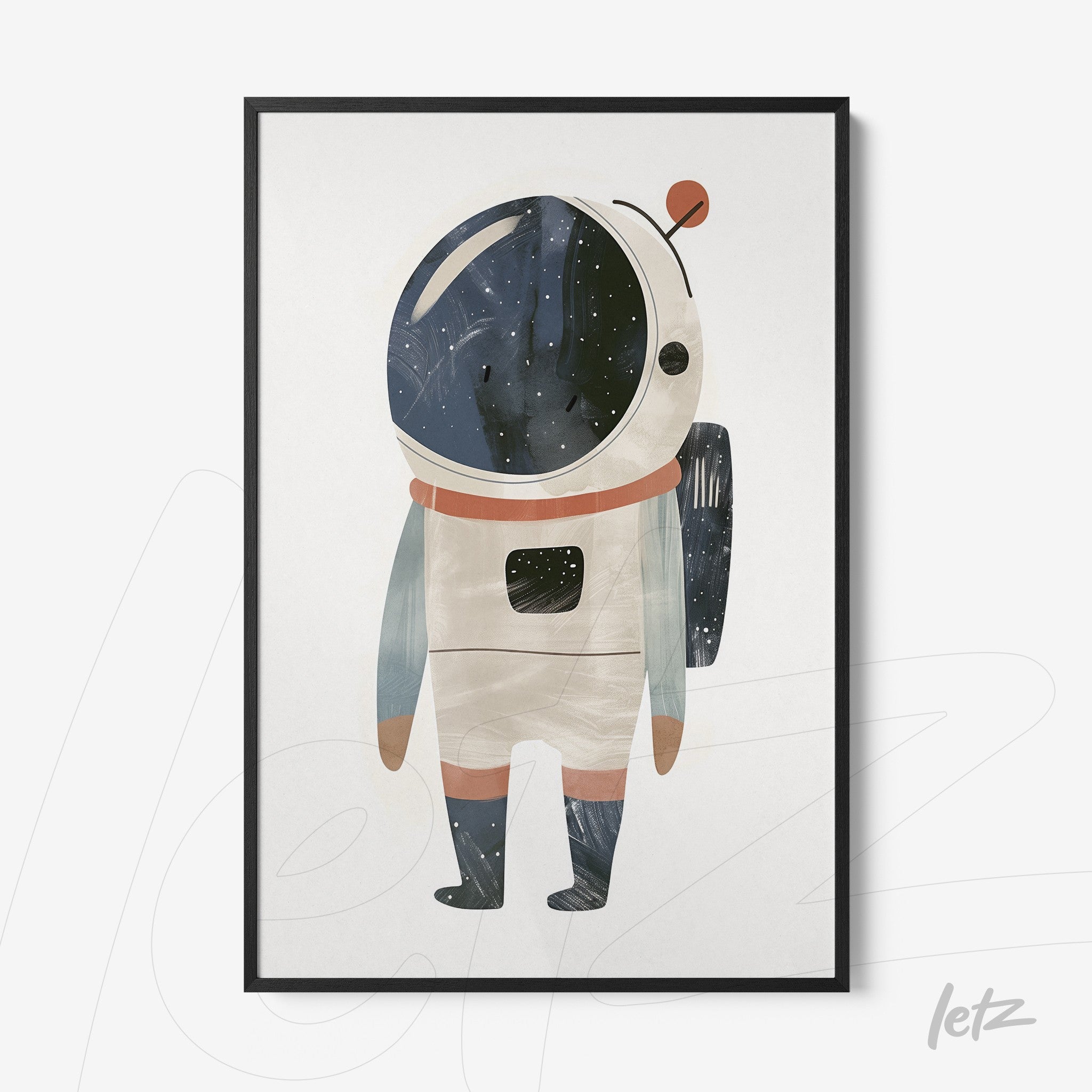 framed artwork featuring a stylized astronaut on a white background with a black frame