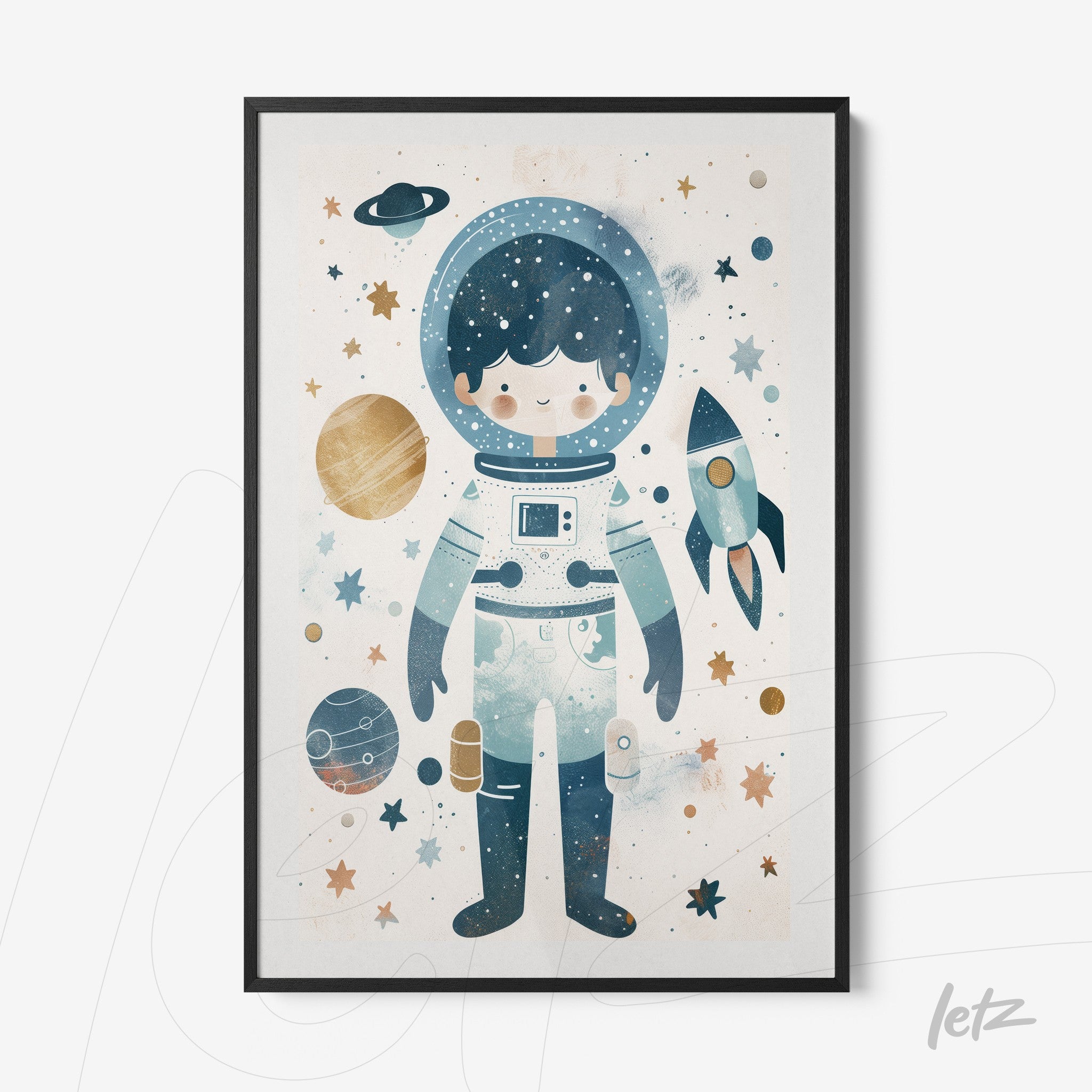 children's wall art featuring an astronaut surrounded by planets and stars in shades of blue