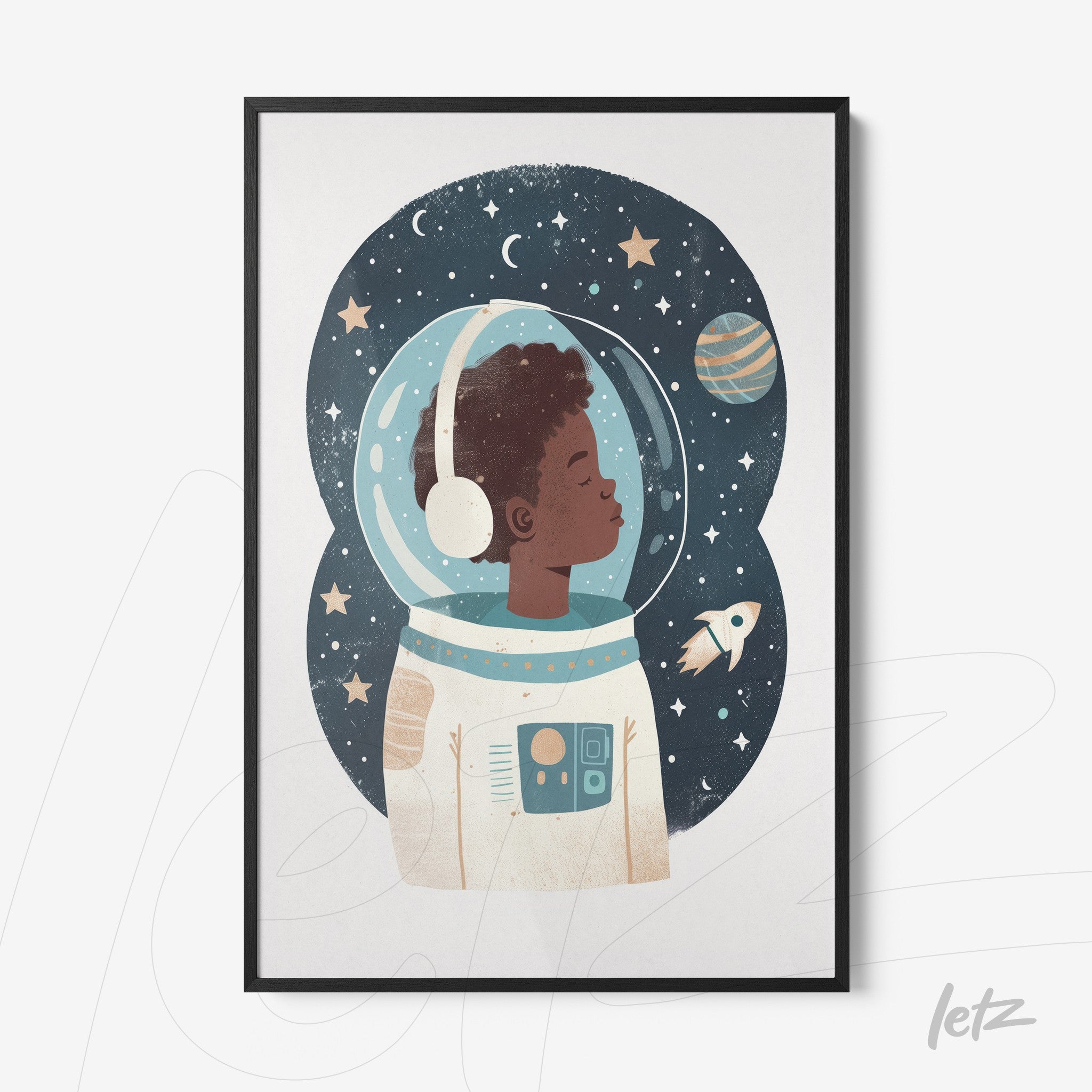 framed artwork of a young astronaut in space background featuring stars and planets