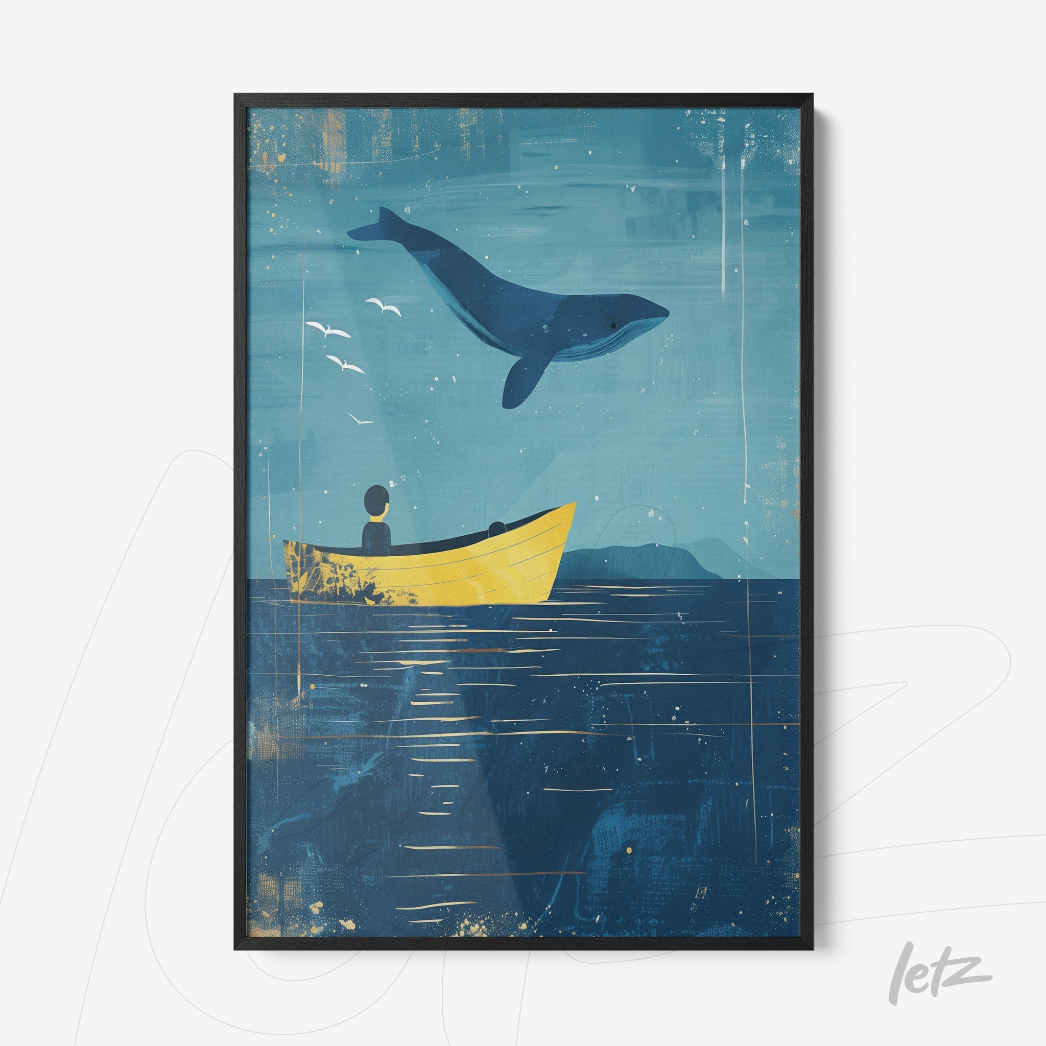 framed artwork depicting a yellow boat on blue water with a person looking at a leaping whale against a light sky