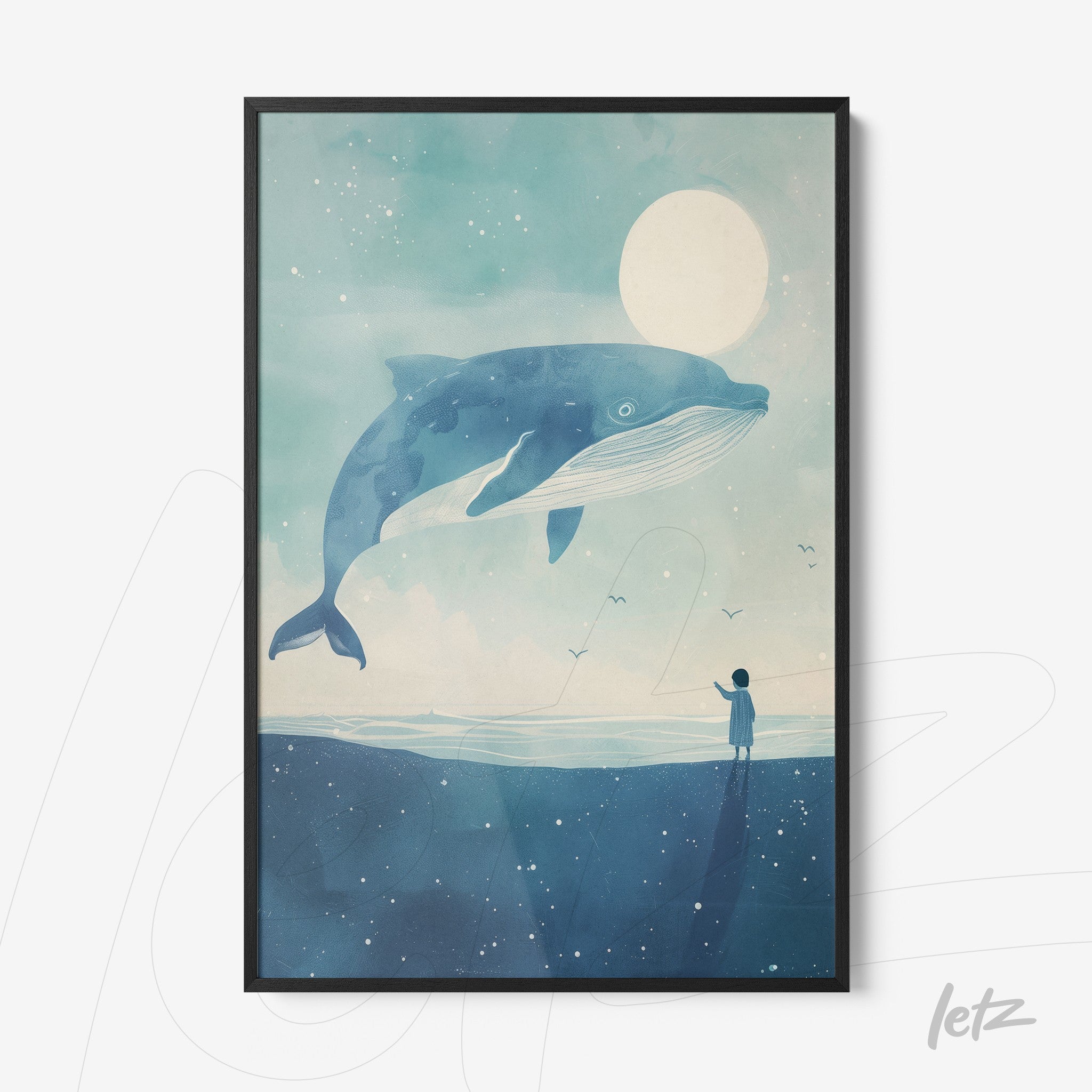framed artwork featuring a blue whale above a boy standing on the sand under a starry sky and a full moon