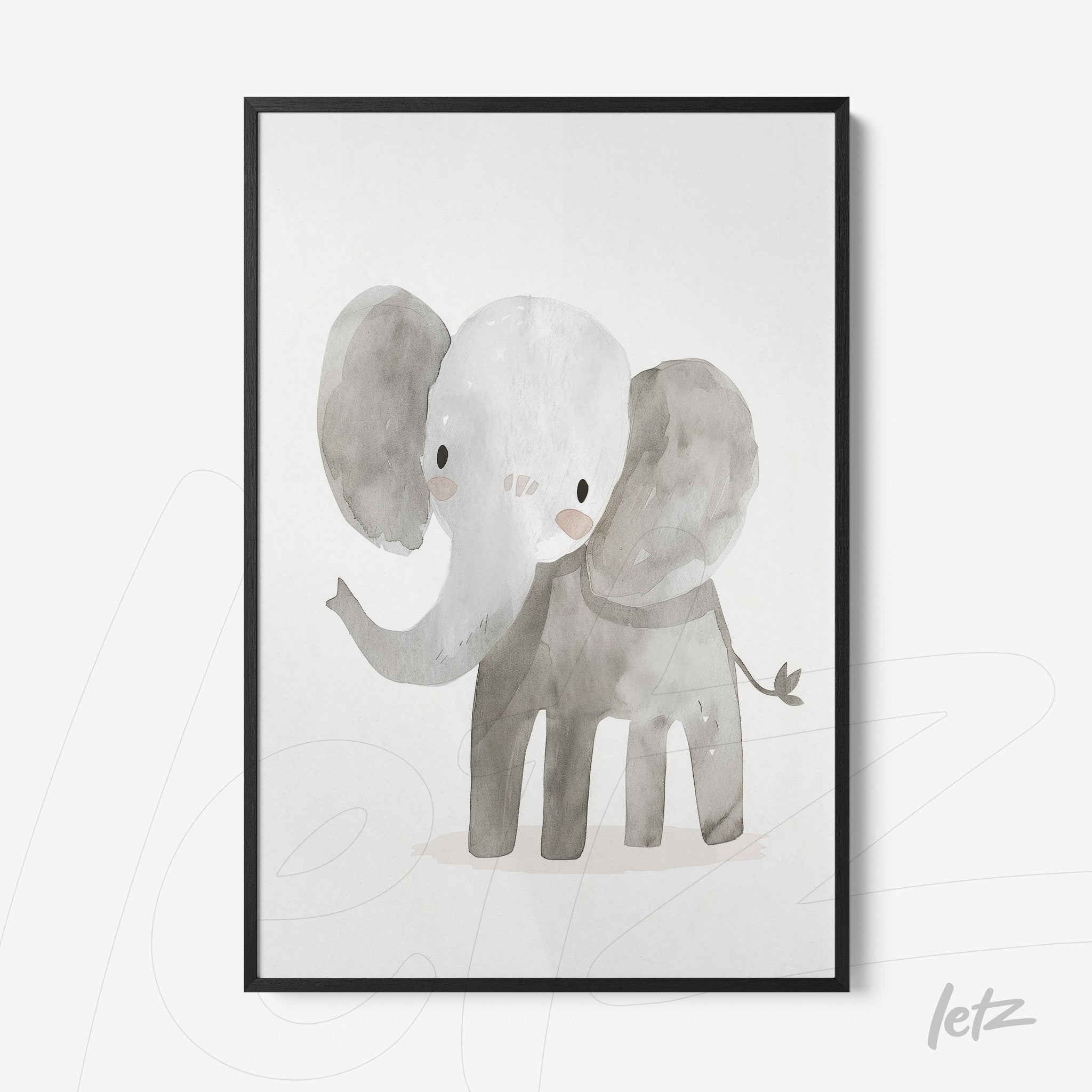 framed watercolor illustration of a gray elephant with a black thin frame