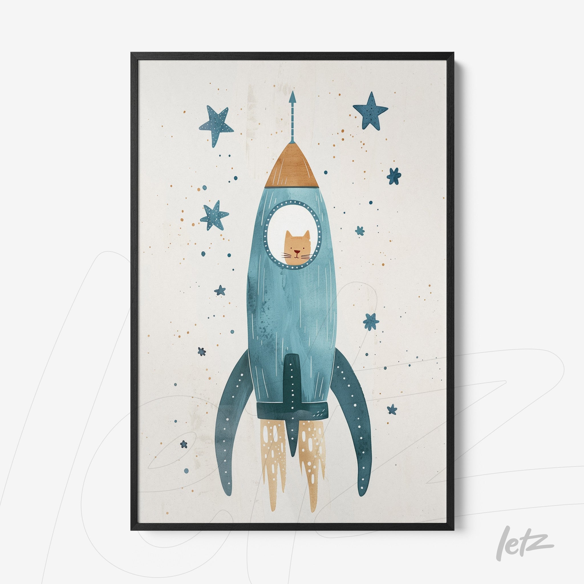 framed artwork featuring a blue rocket with a cat inside, adorned with stars against a light background