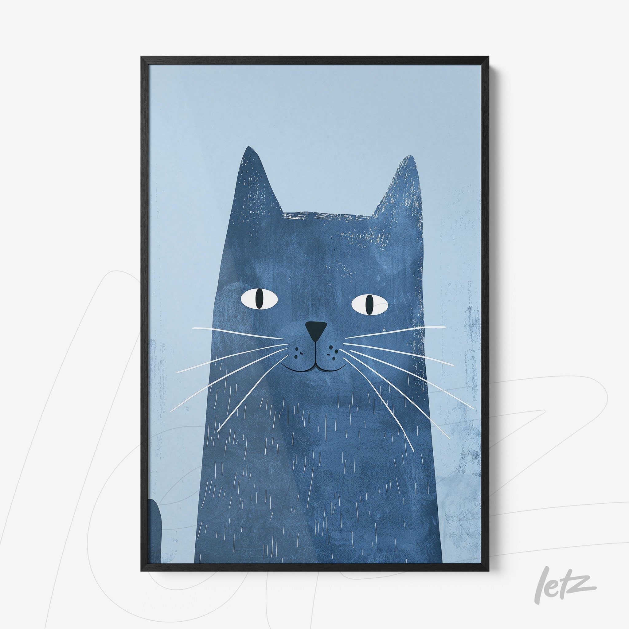 framed wall art featuring a blue cat against a light background