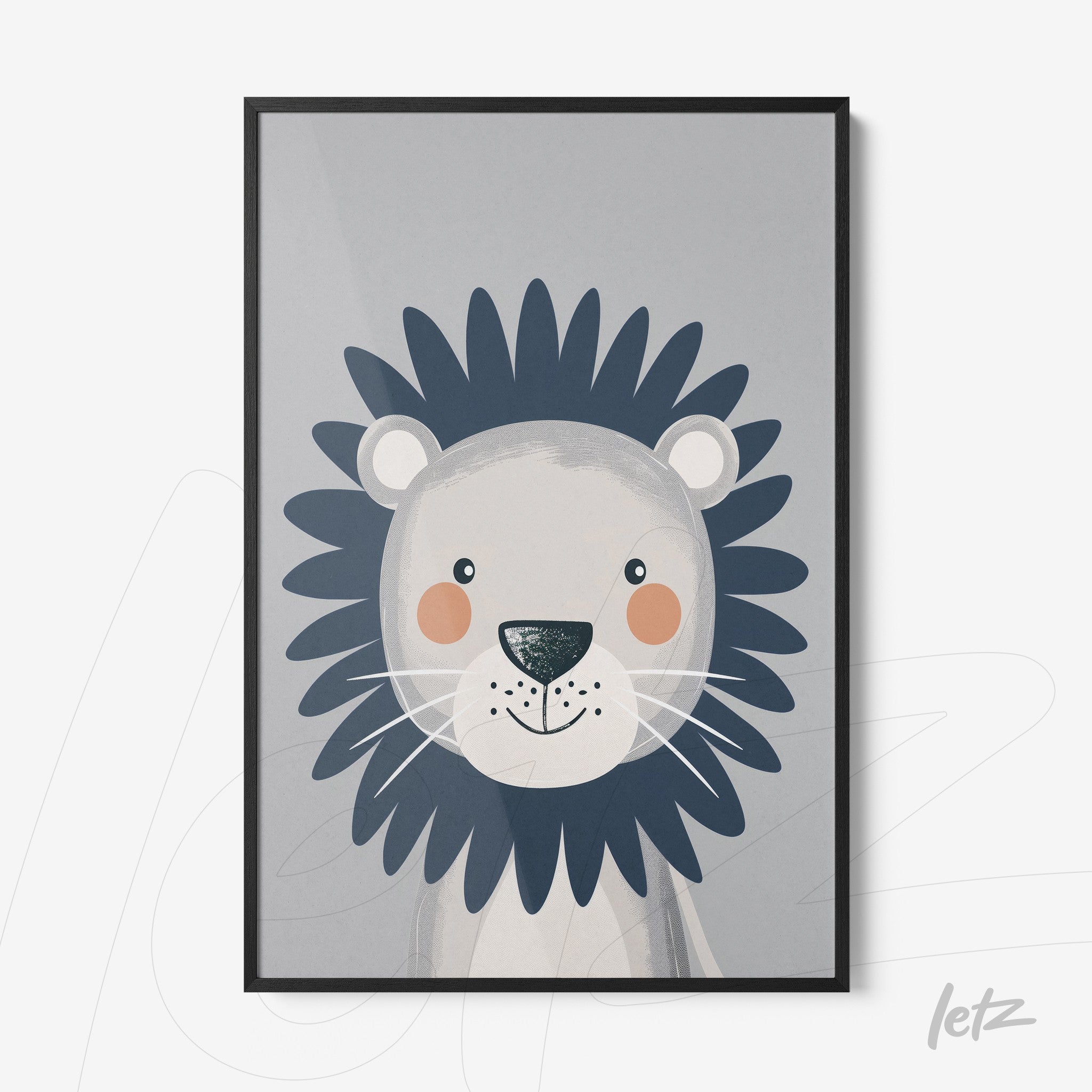 framed illustration of a stylized lion with a light gray background and black frame