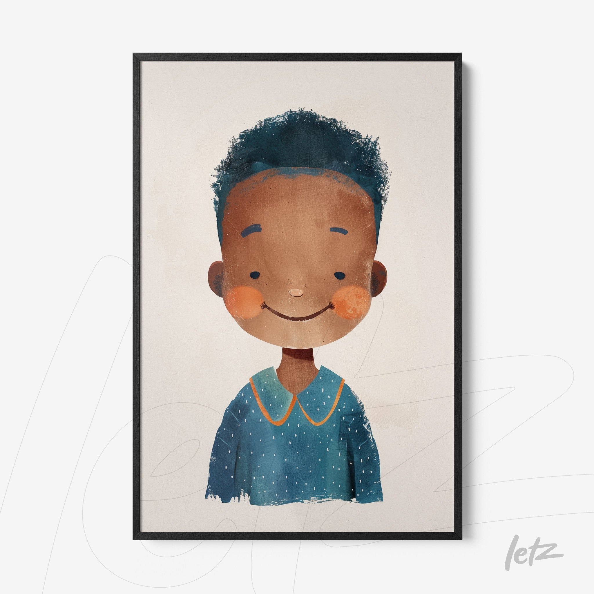 framed wall art featuring a cheerful boy illustration with curly hair wearing a blue outfit