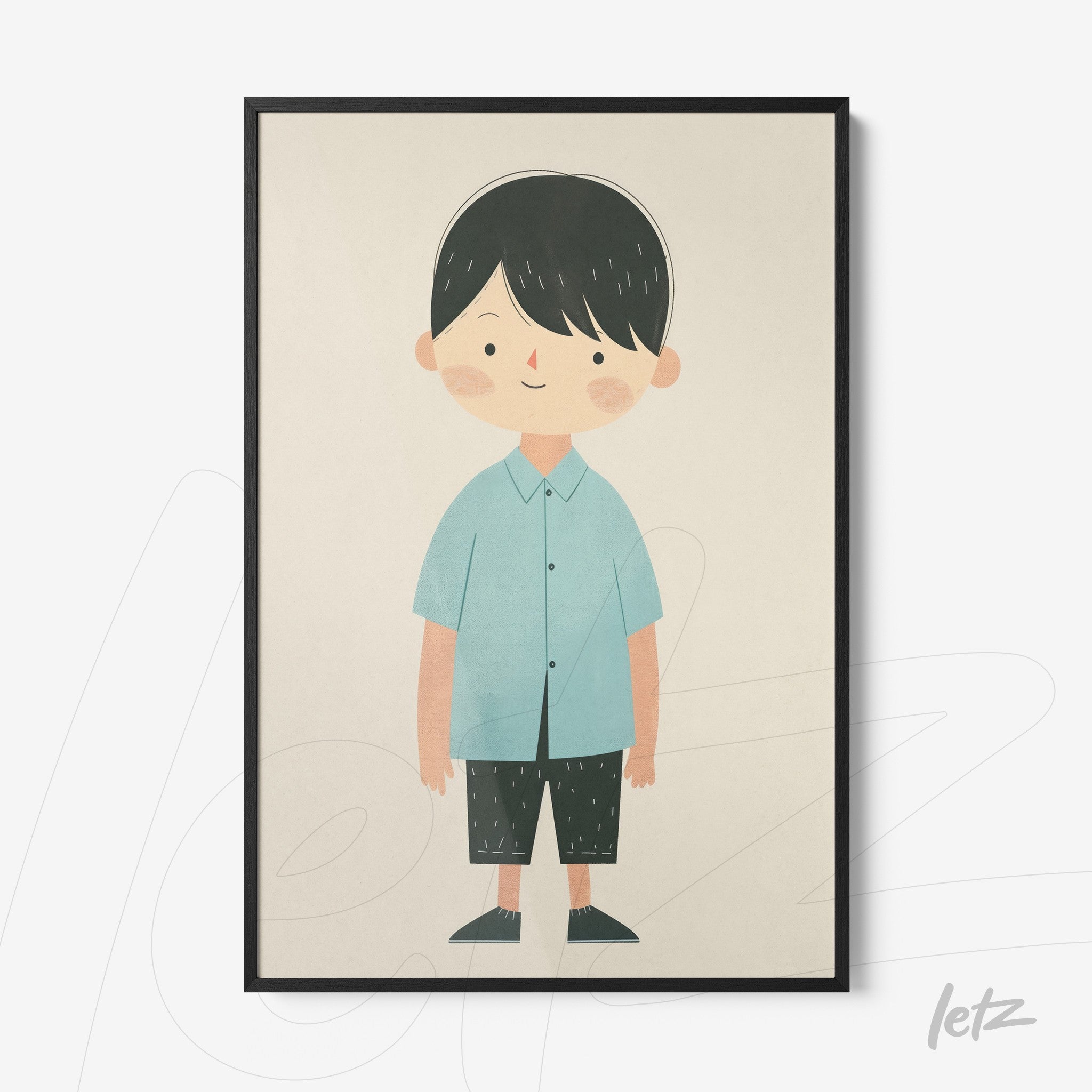 framed children’s illustration of a smiling boy wearing a blue shirt and shorts