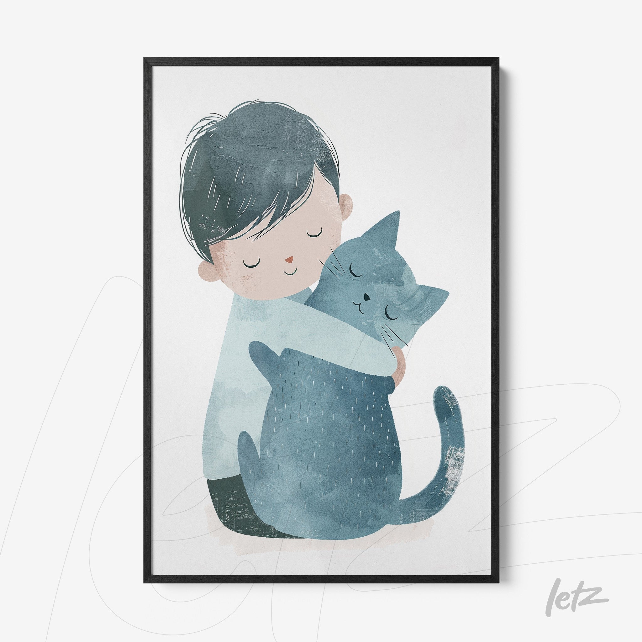 framed children's illustration of a boy hugging a blue cat with a thin black frame