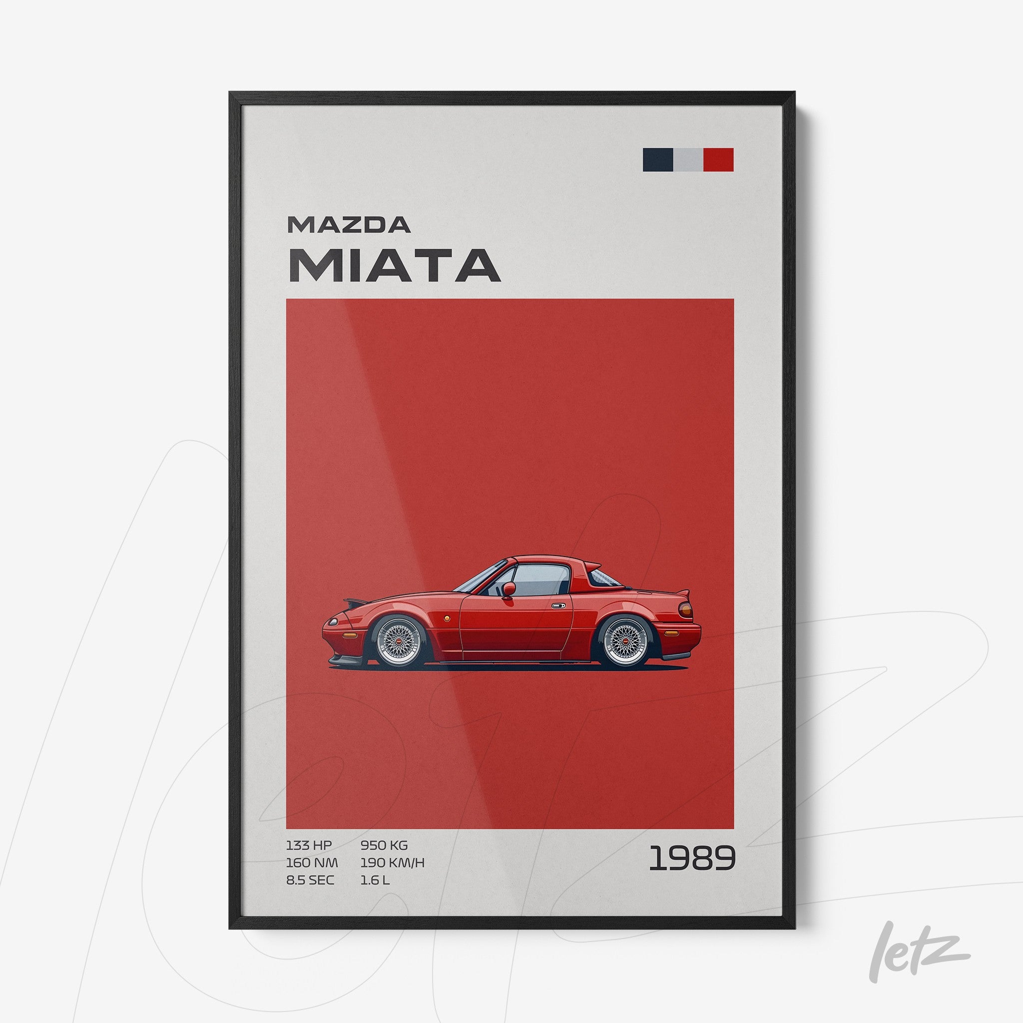 framed graphic art of 1989 Mazda Miata with red background and black frame