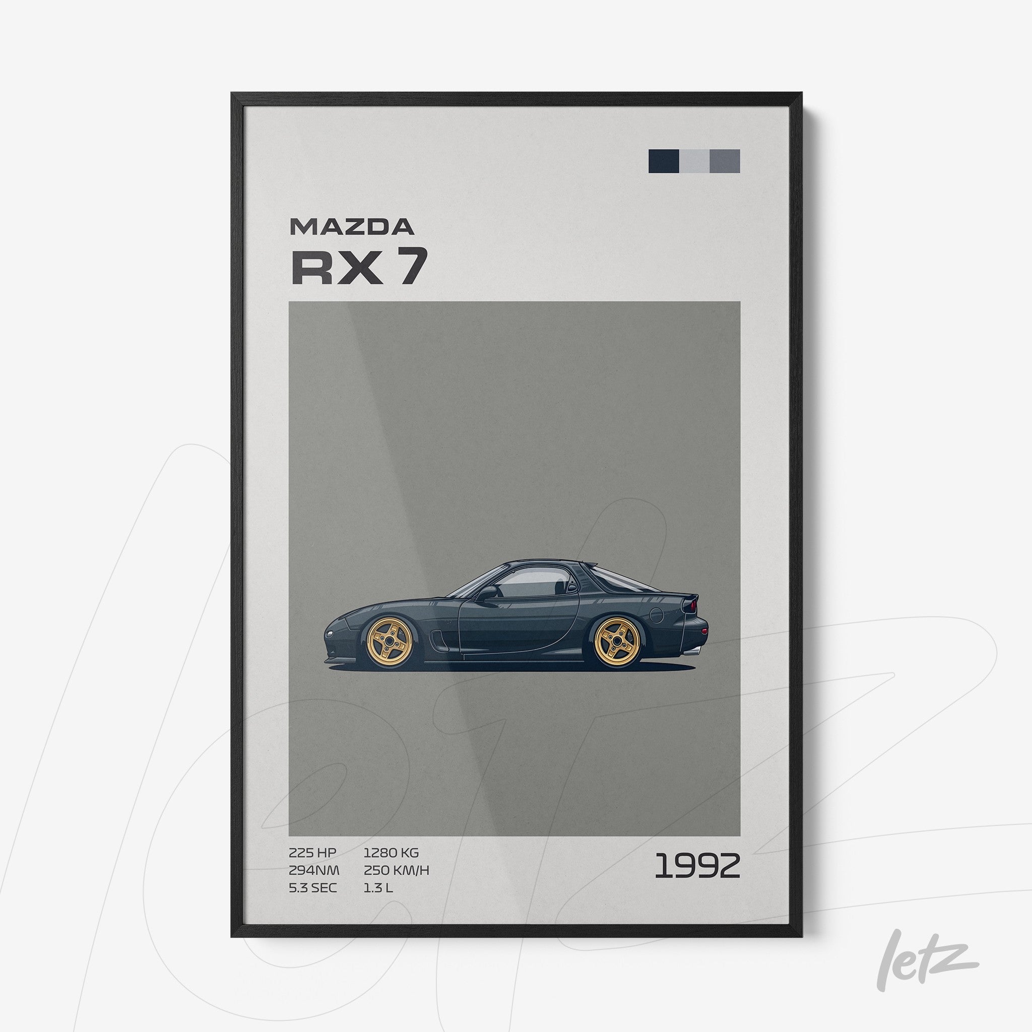framed wall art featuring a digital illustration of a Mazda RX-7 with a black frame