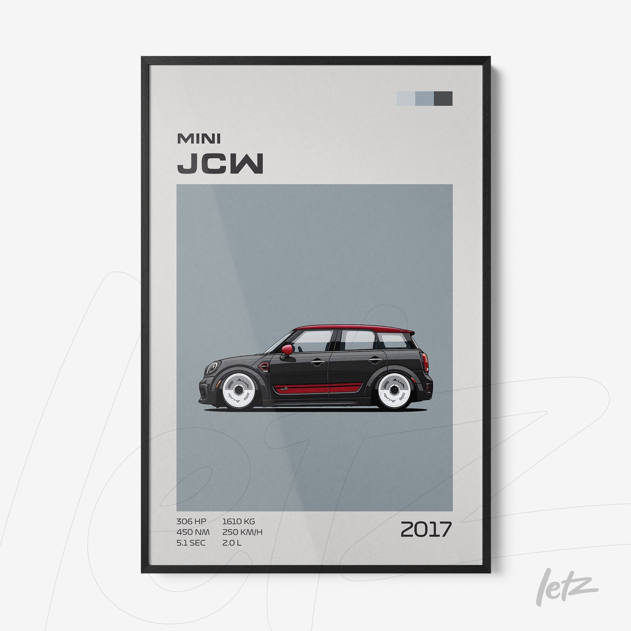 framed digital art of a mini john cooper works car against a gray background with a thin black frame