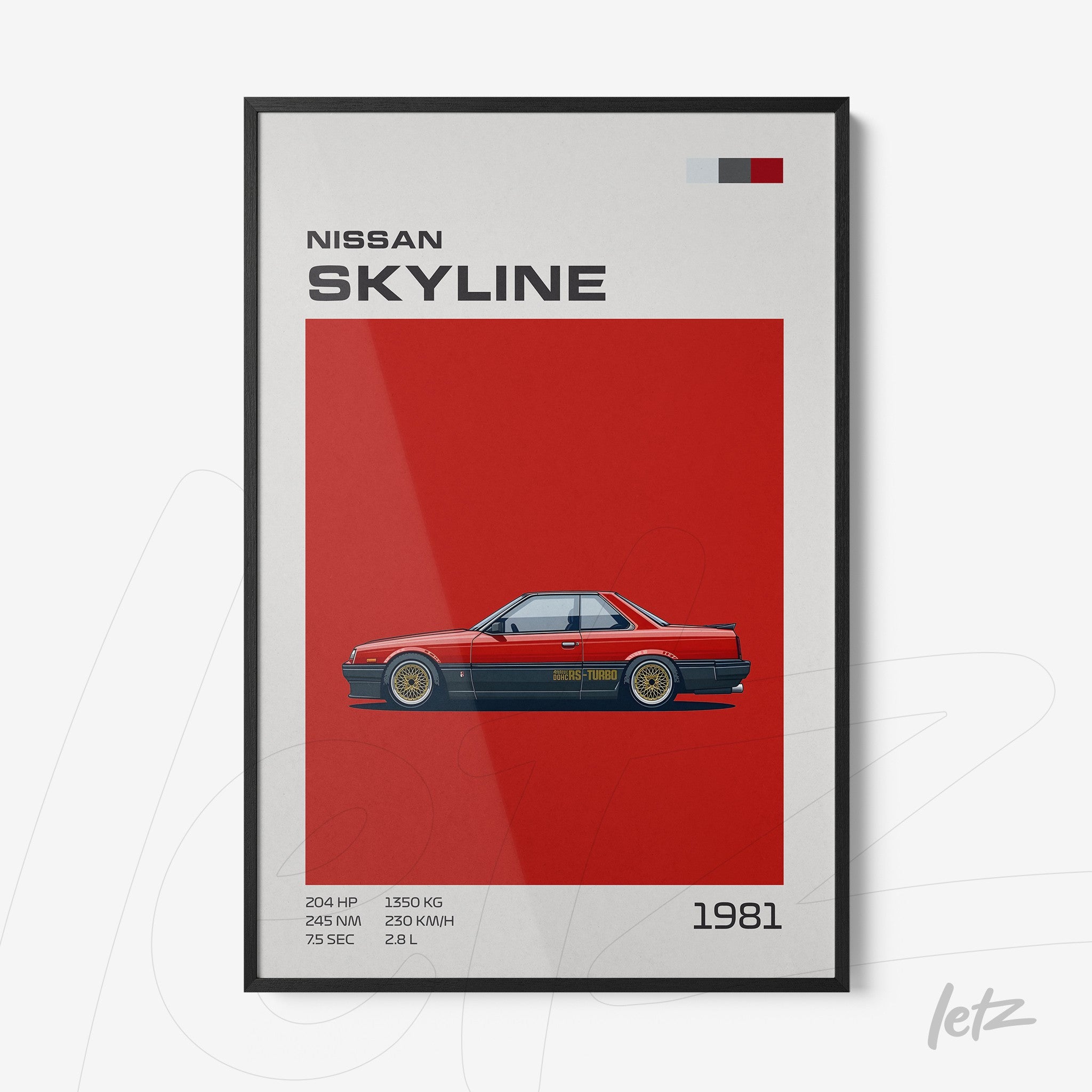 framed artwork of 1981 Nissan Skyline in red background with black frame