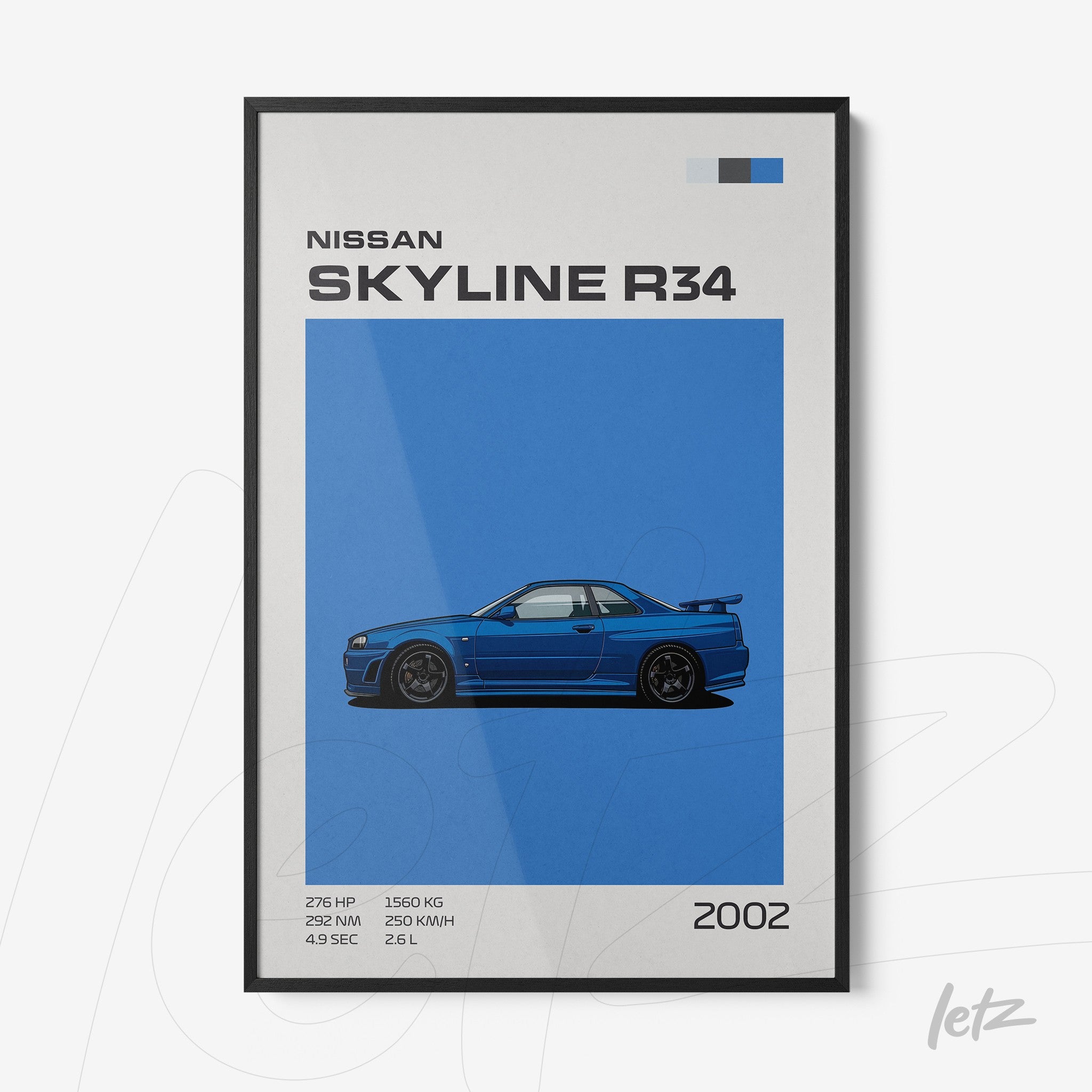 framed wall art featuring an illustration of the Nissan Skyline R34 on a vibrant blue background