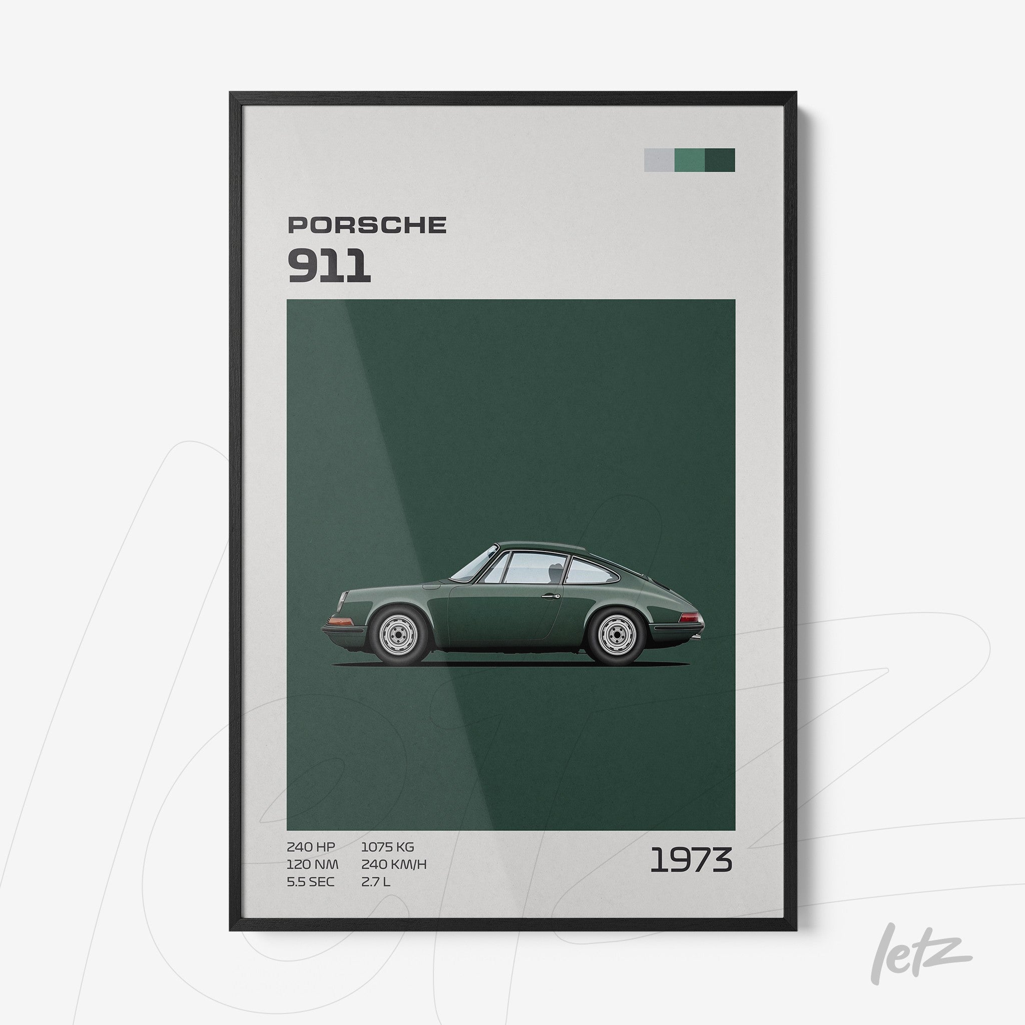 framed artwork featuring an illustration of a Porsche 911 on a dark green background with black frame