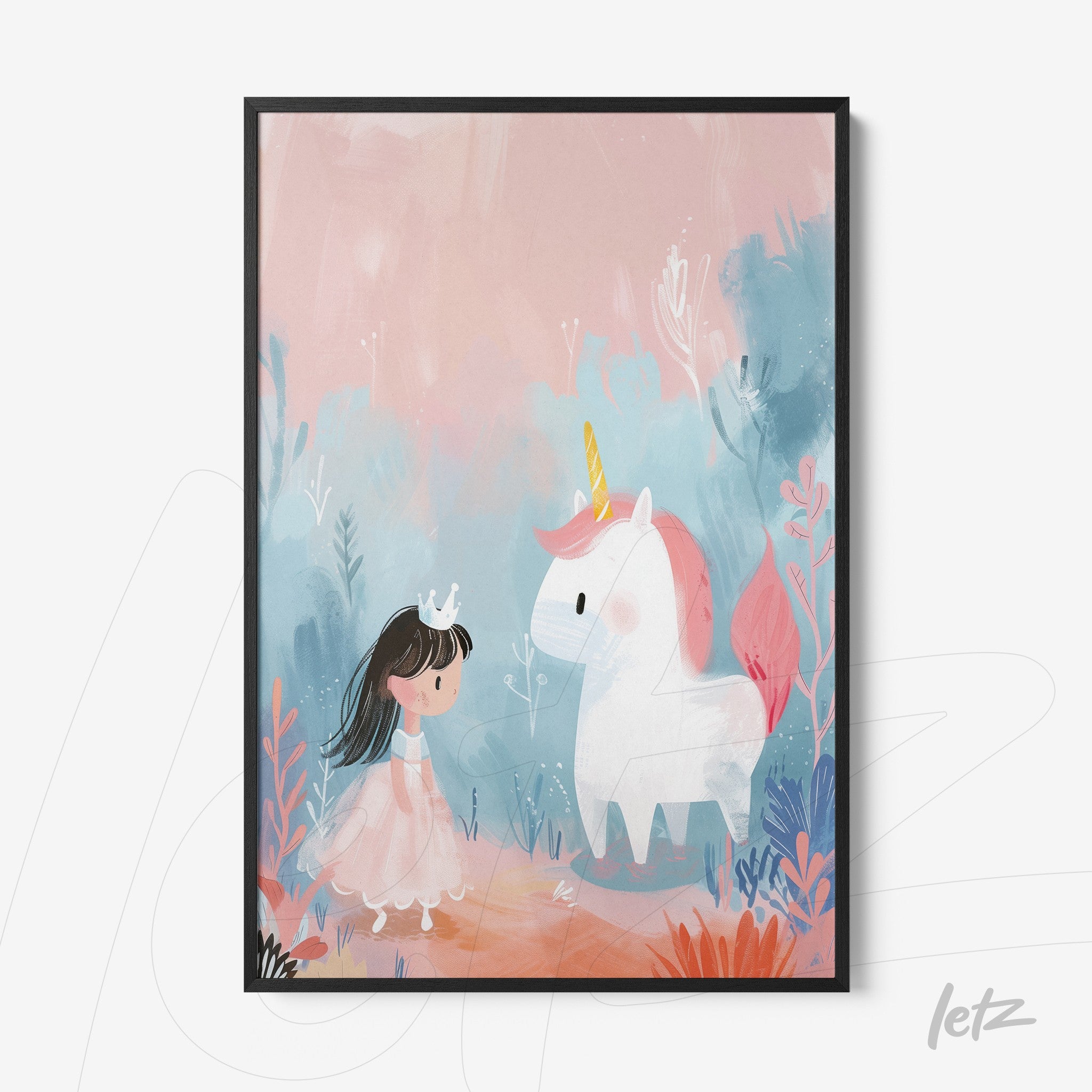 framed wall art featuring a pastel illustration of a girl with a crown and unicorn