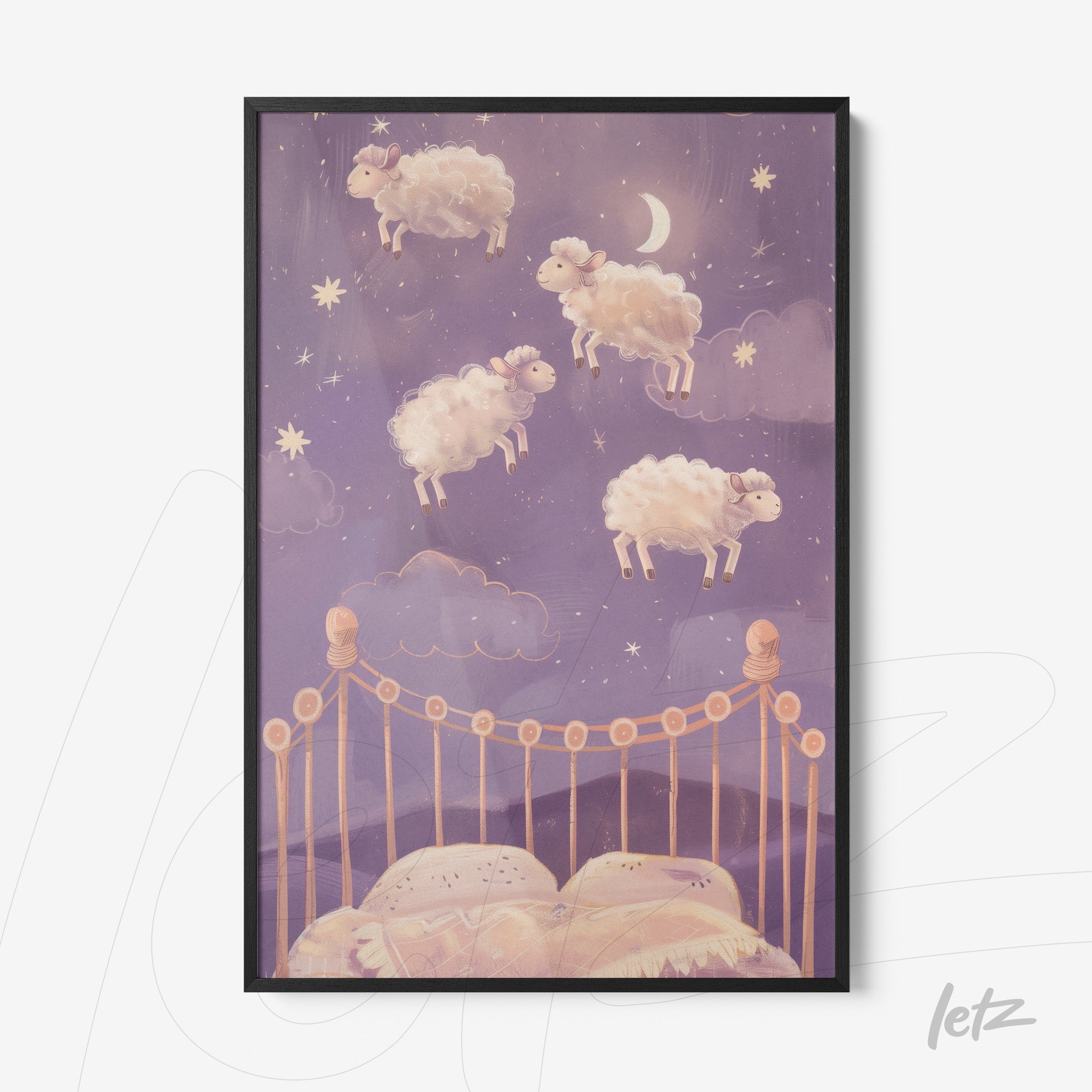 framed artwork featuring whimsical sheep jumping over a bed set against a purple night sky filled with stars
