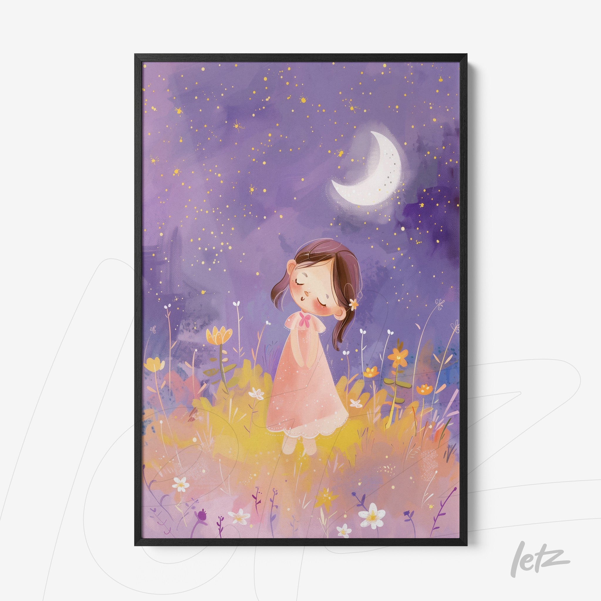 framed children's illustration of a girl in a pink dress standing in a flower field under a starry sky with a crescent moon