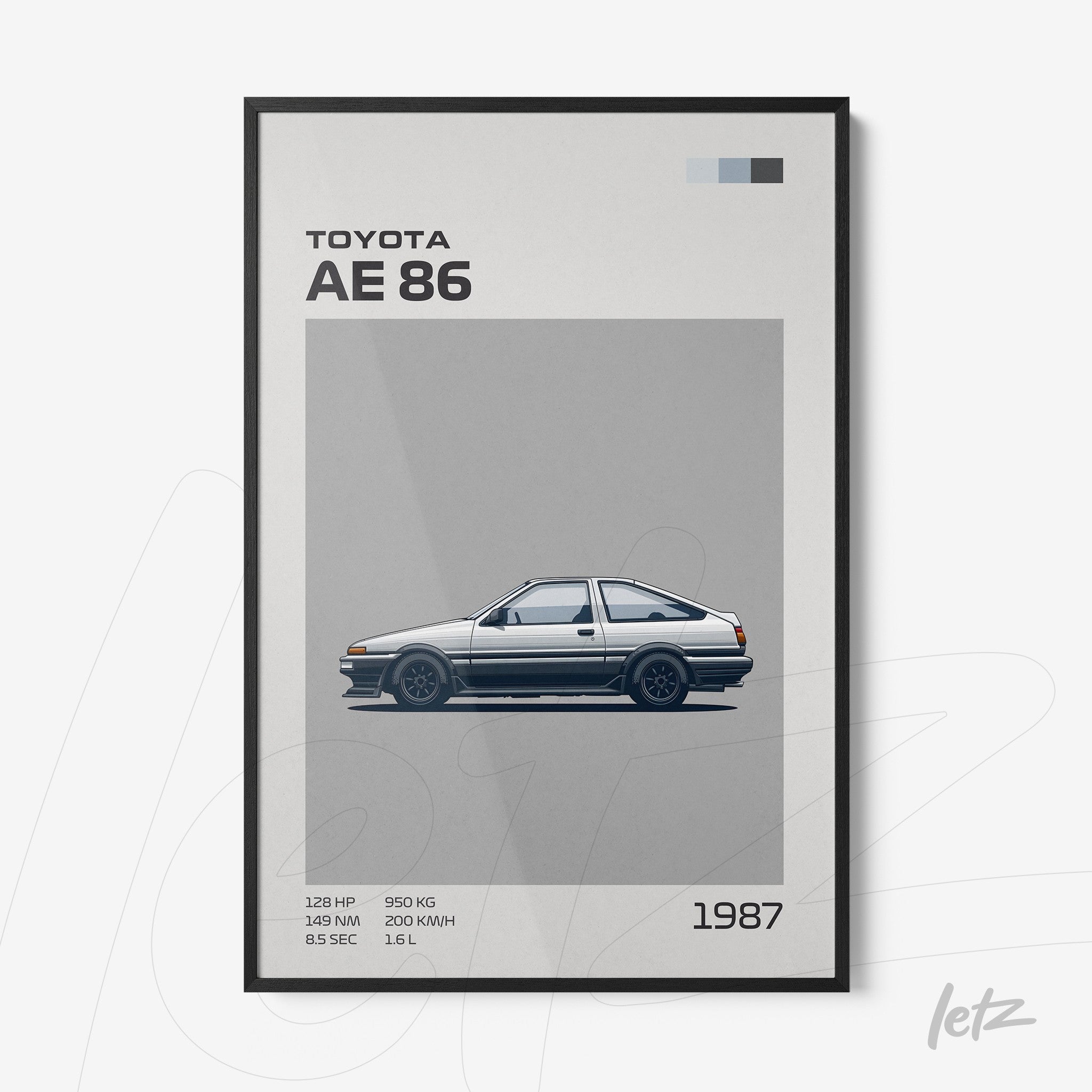 framed wall art featuring a minimalist illustration of the Toyota AE86 car in black frame with light background