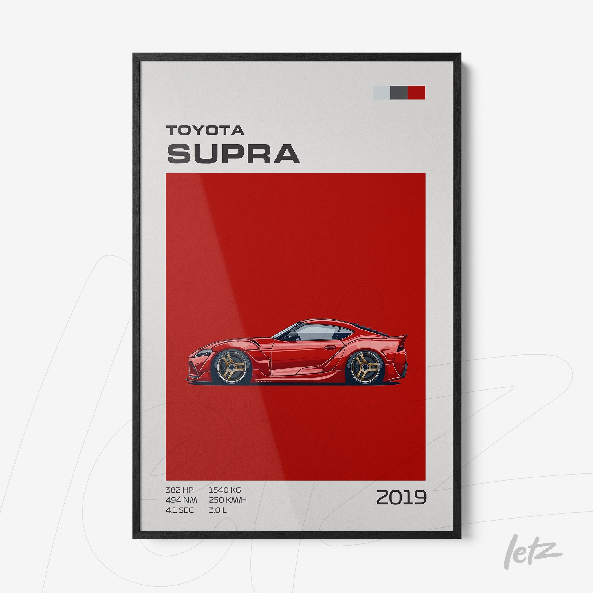 framed artwork featuring 2019 toyota supra illustration on vibrant red background with black frame