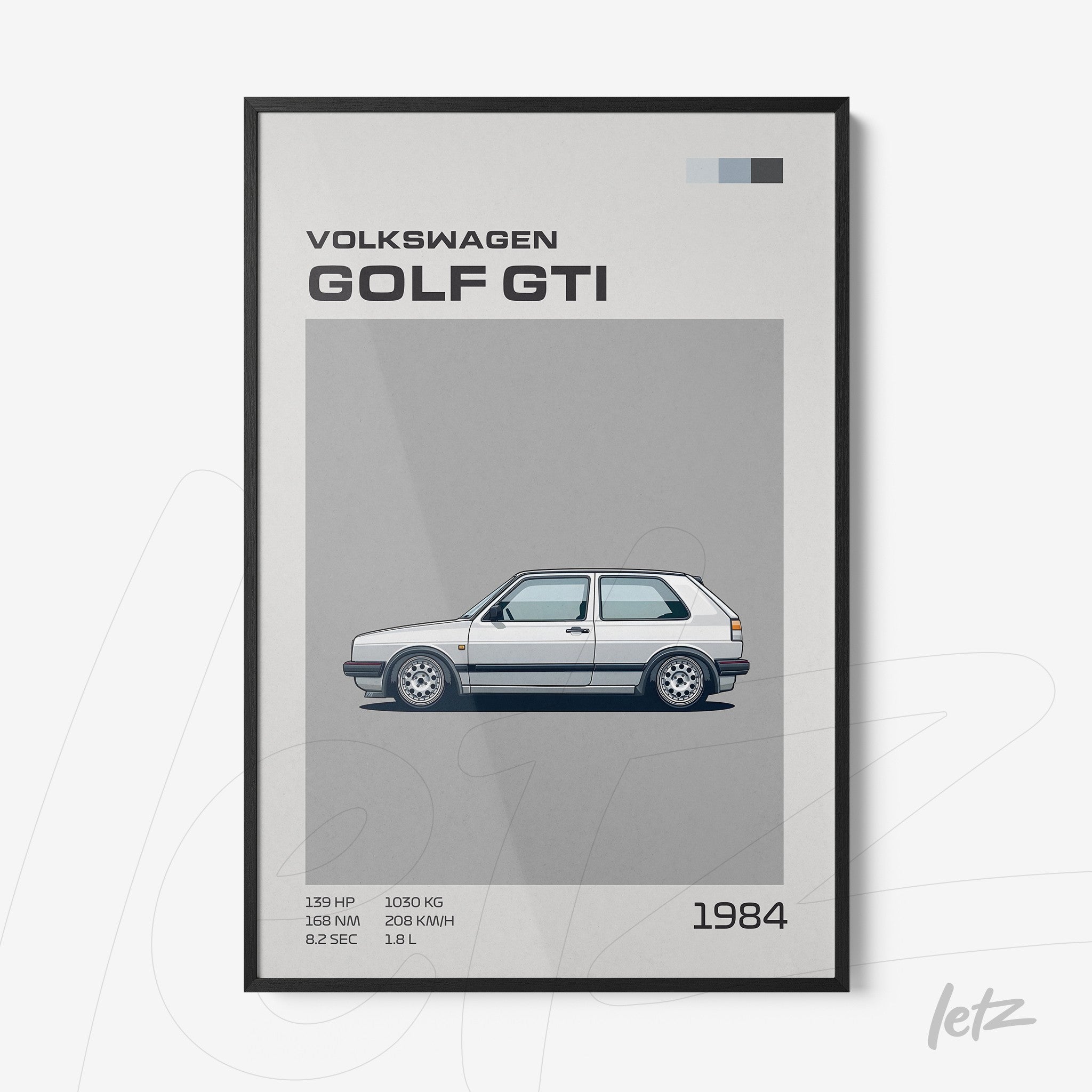 decorative wall art featuring a graphic illustration of Volkswagen Golf GTI in black frame