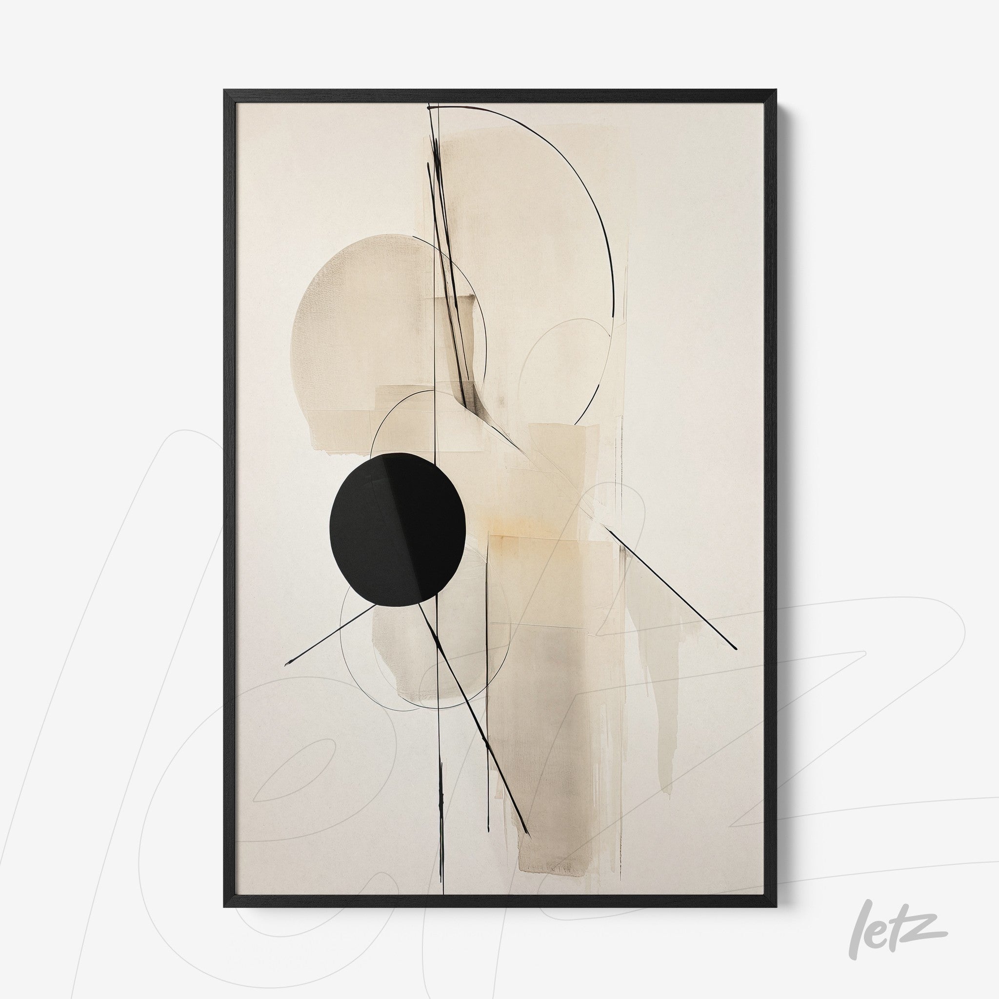 abstract wall art in neutral tones featuring curved shapes and straight lines with a prominent black circle and a slim black frame