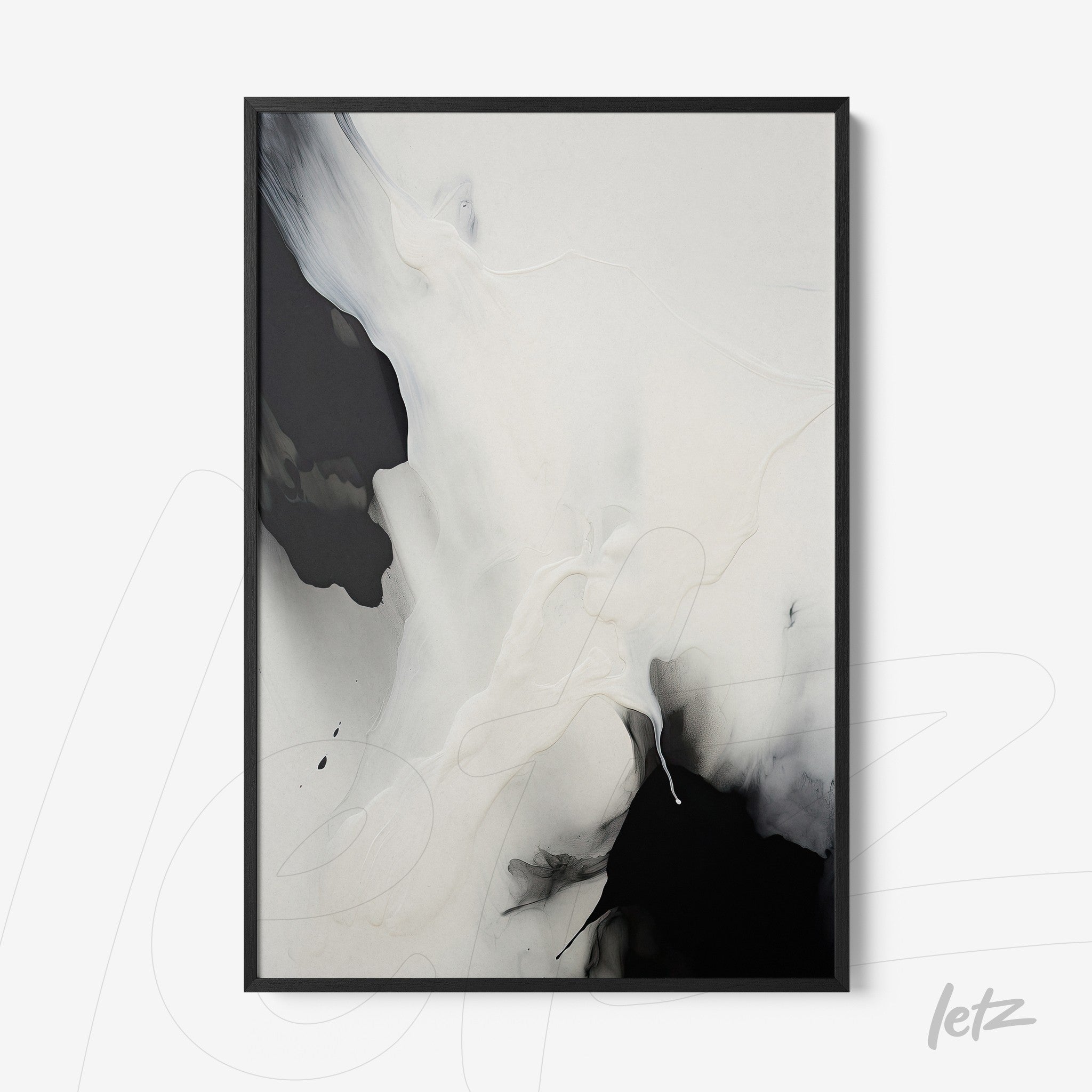 abstract wall art in black and white featuring smooth swirls in a black frame