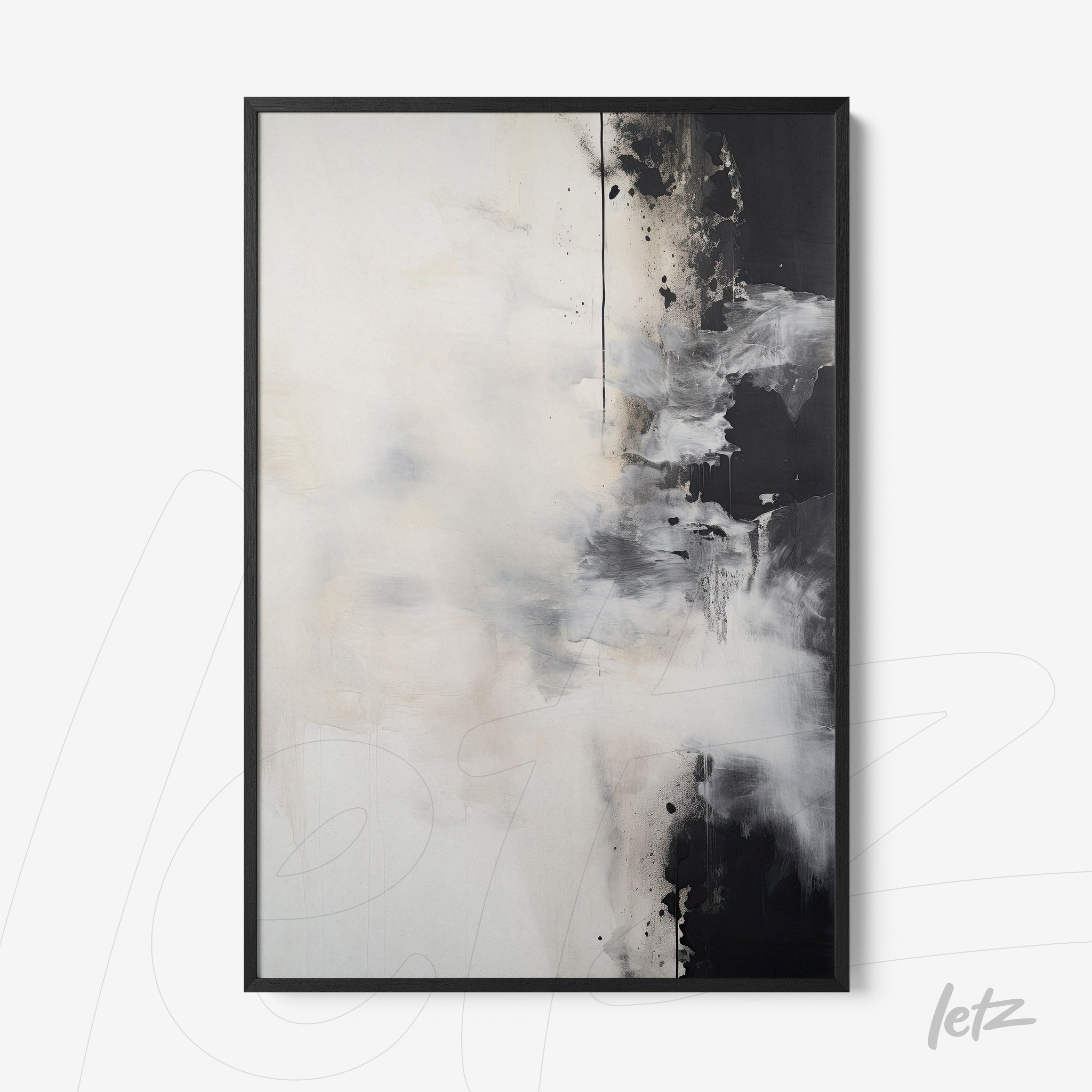 abstract wall art in black and white with black frame