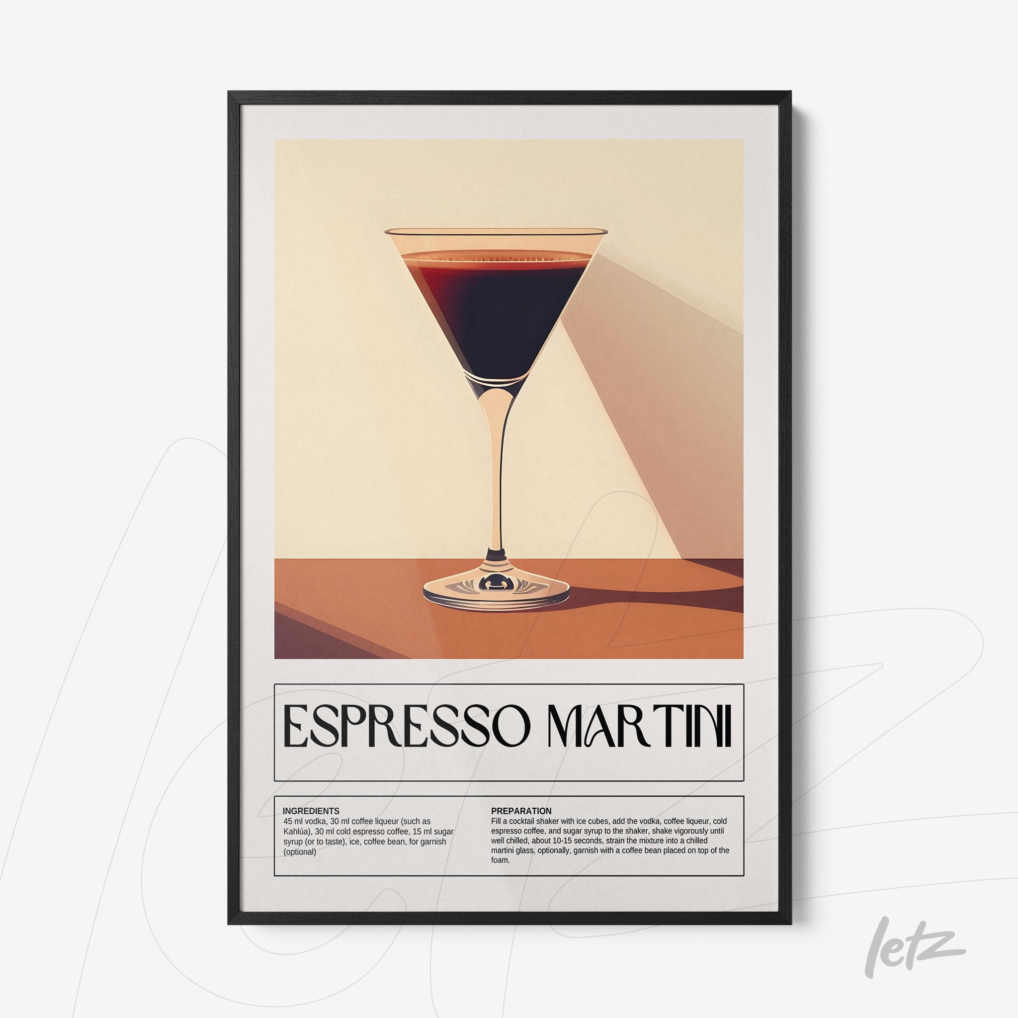framed art of espresso martini cocktail in a sleek black frame