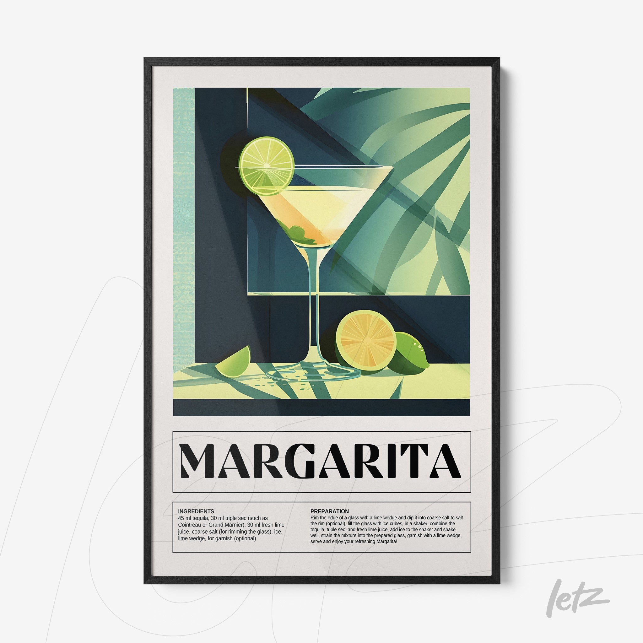 framed artwork of margarita cocktail with sliced limes and shadow of leaves on a green background
