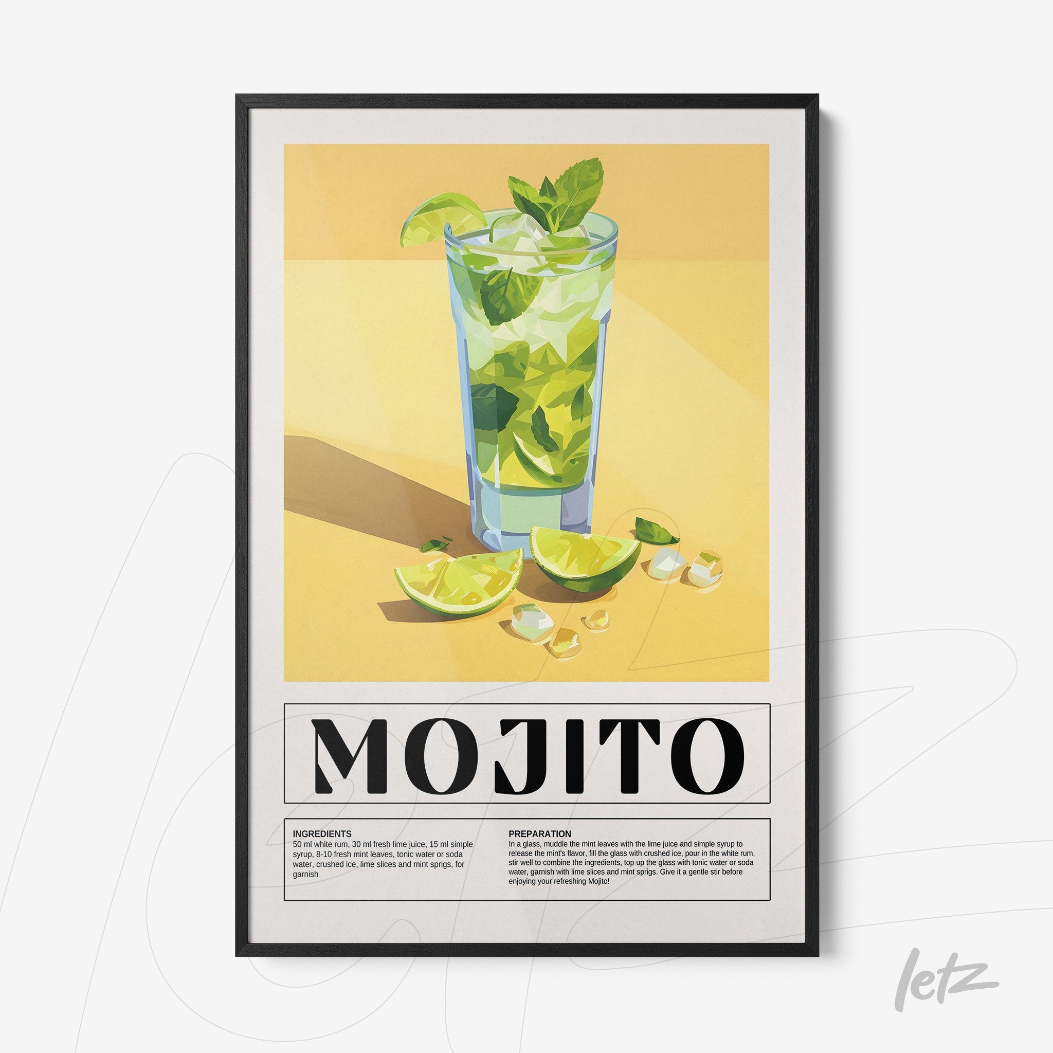 framed artwork featuring a colorful mojito cocktail illustration with a black frame, set against a yellow background with green and white details