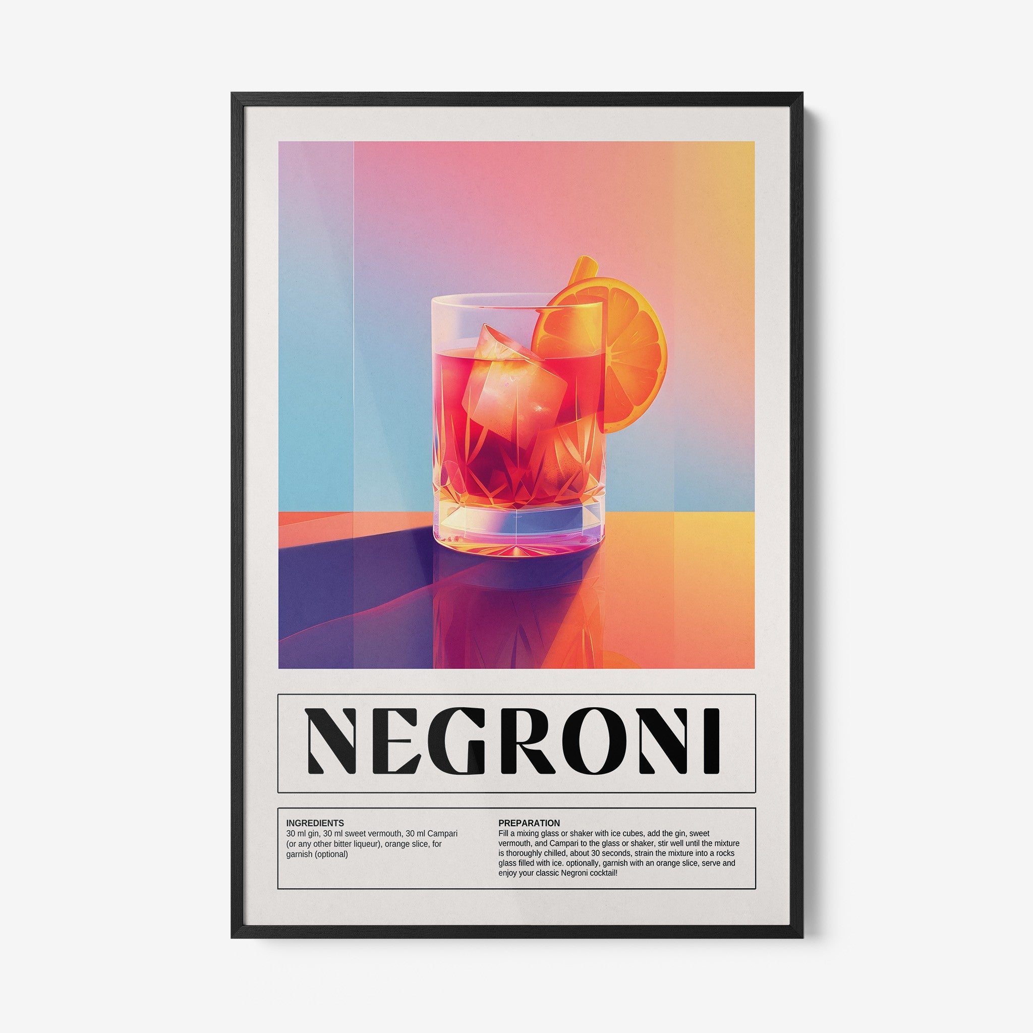 vibrant digital artwork of negroni cocktail in a thin black frame